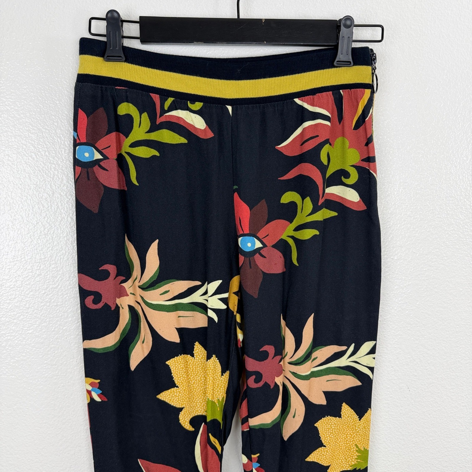 Farm Rio Pants Womens XS Calla Retro Floral Flare Eyeball Boho Side ZIp 26×31.5
