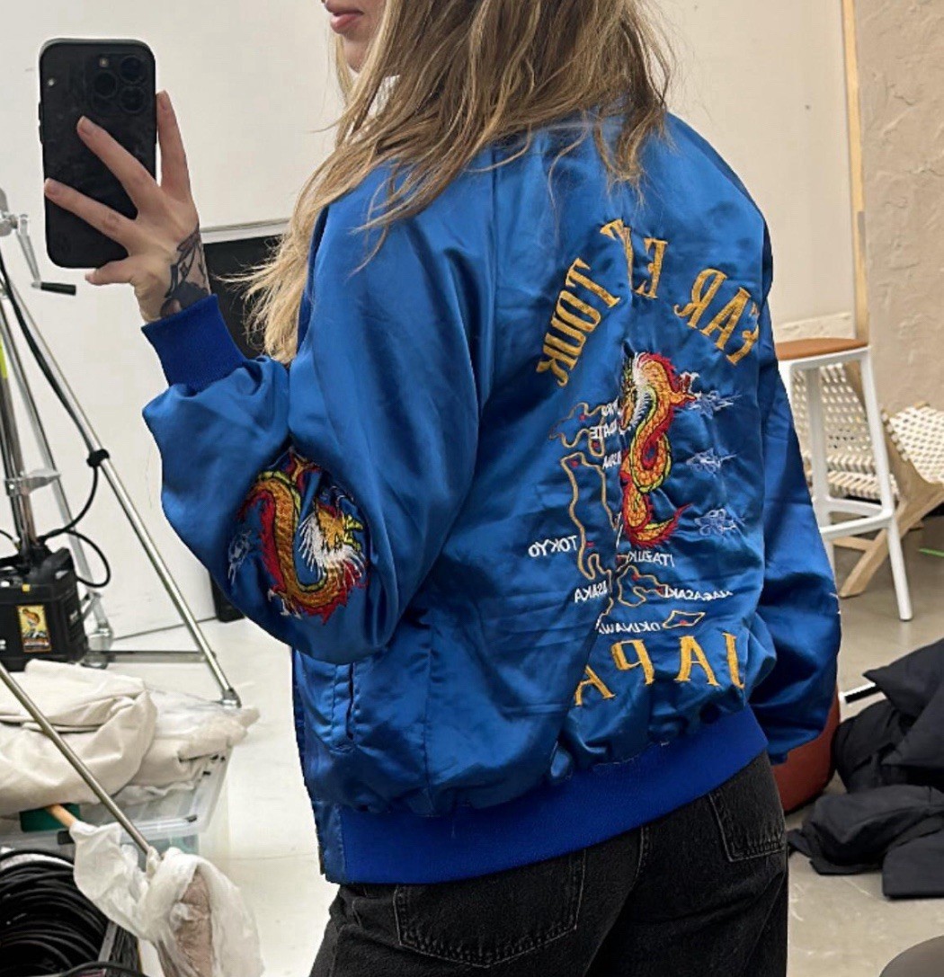 vintage 1980s sukajan souvenir blue far east japan satin bomber jacket small