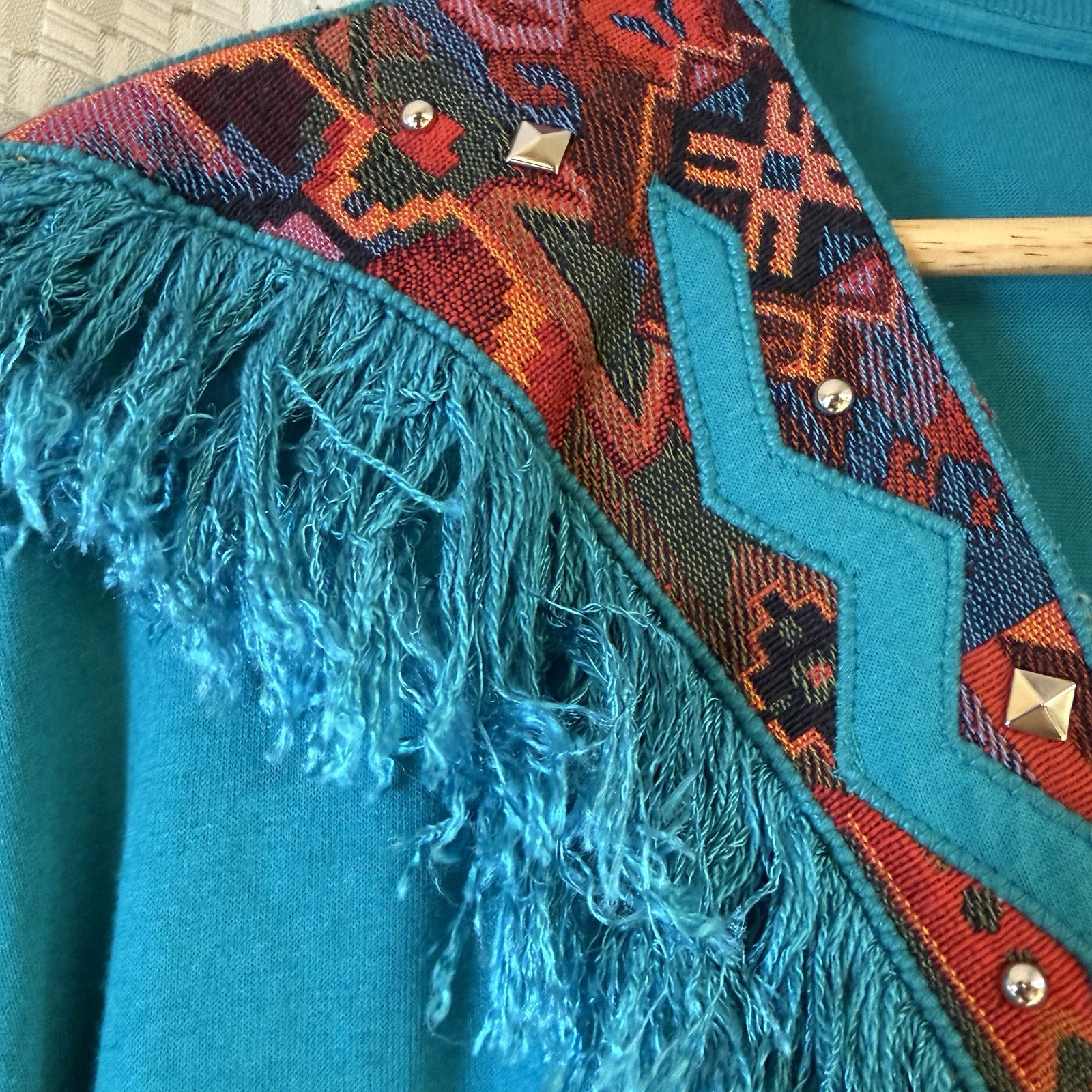 Vintage 80’s USA Joanie W Southwestern Fringe Turquoise Cowgirl Studded L Shirt