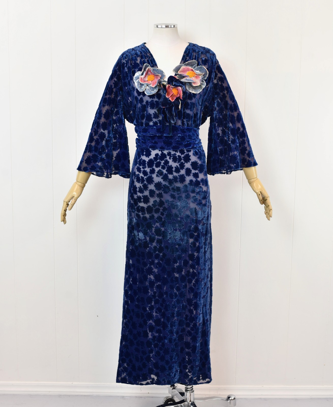 Antique 1930s Blue Devore Burnout Velvet Floral Art Deco Sheer Dress Larger Size