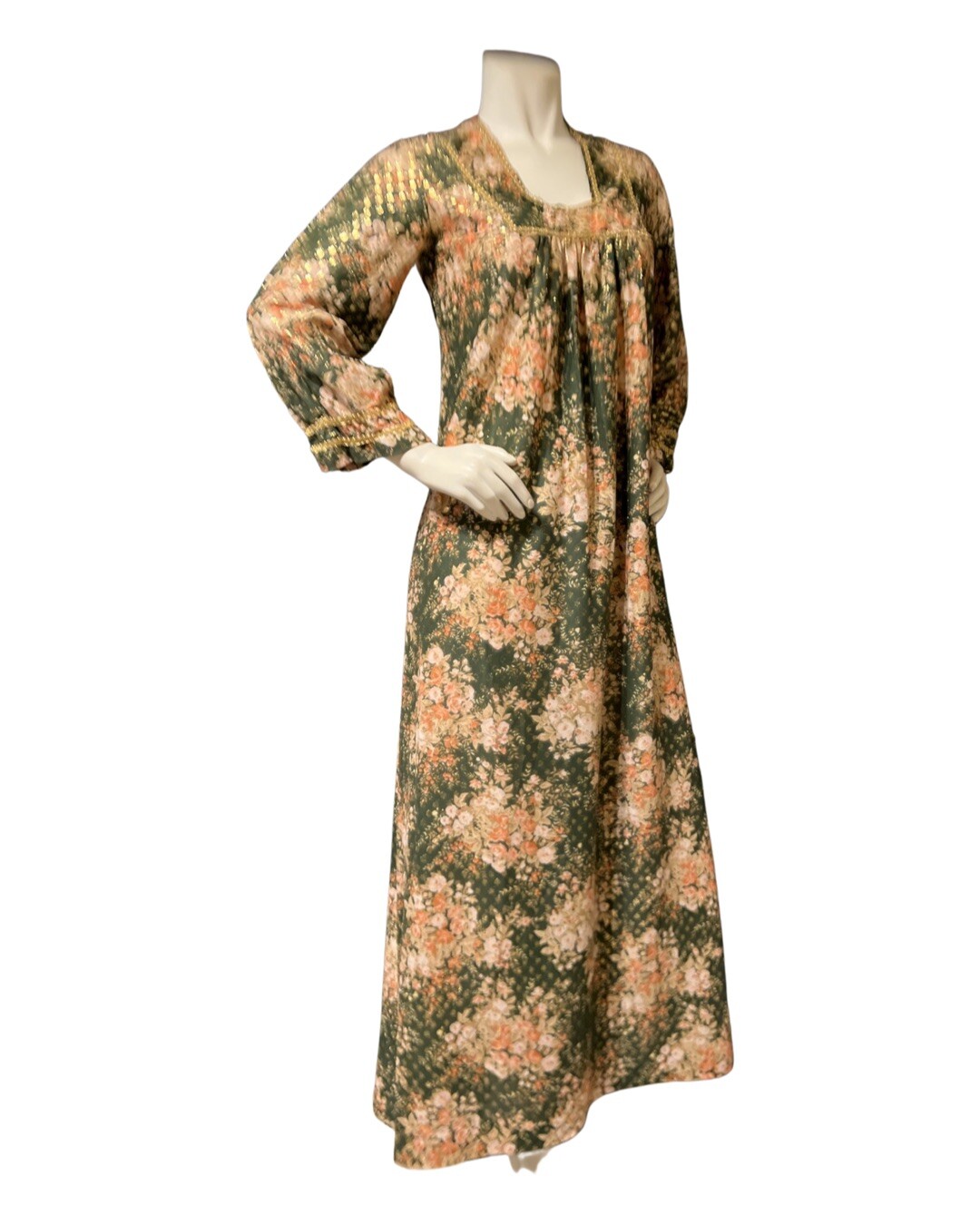 60s Vintage Green Gold Metallic Lame Floral Bouquet Caftan Dress S/M MAXI