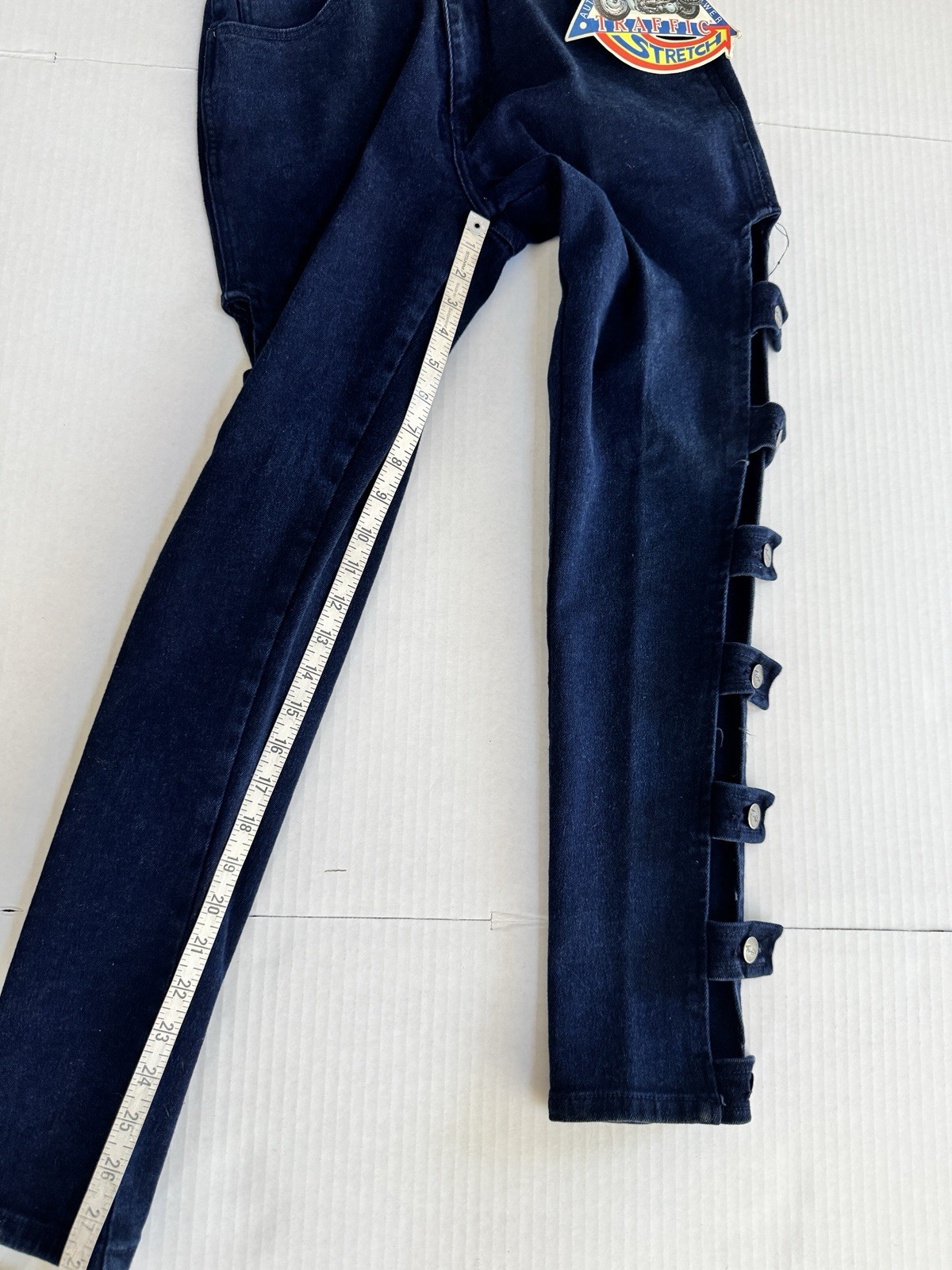 NWT 1980s VTG TRAFFIC Cutout Ladder Strap Rock Band Chick Dark Blue Jeans 9/10