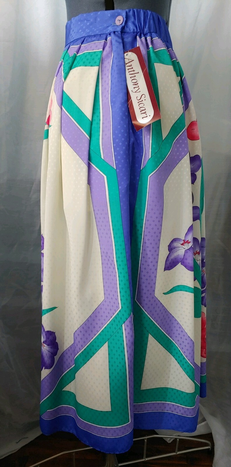 Vintage Anthony Sicari Lined White Skirt with Purple & Green Florals Size 10