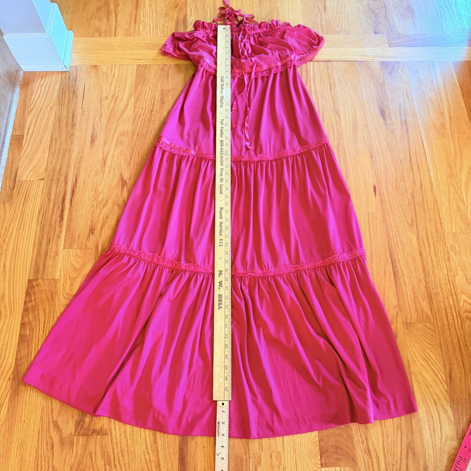 Vintage 70s Fuchsia Tiered Ruffled Cold Shoulder Maxi Dress Small Romantic Boho