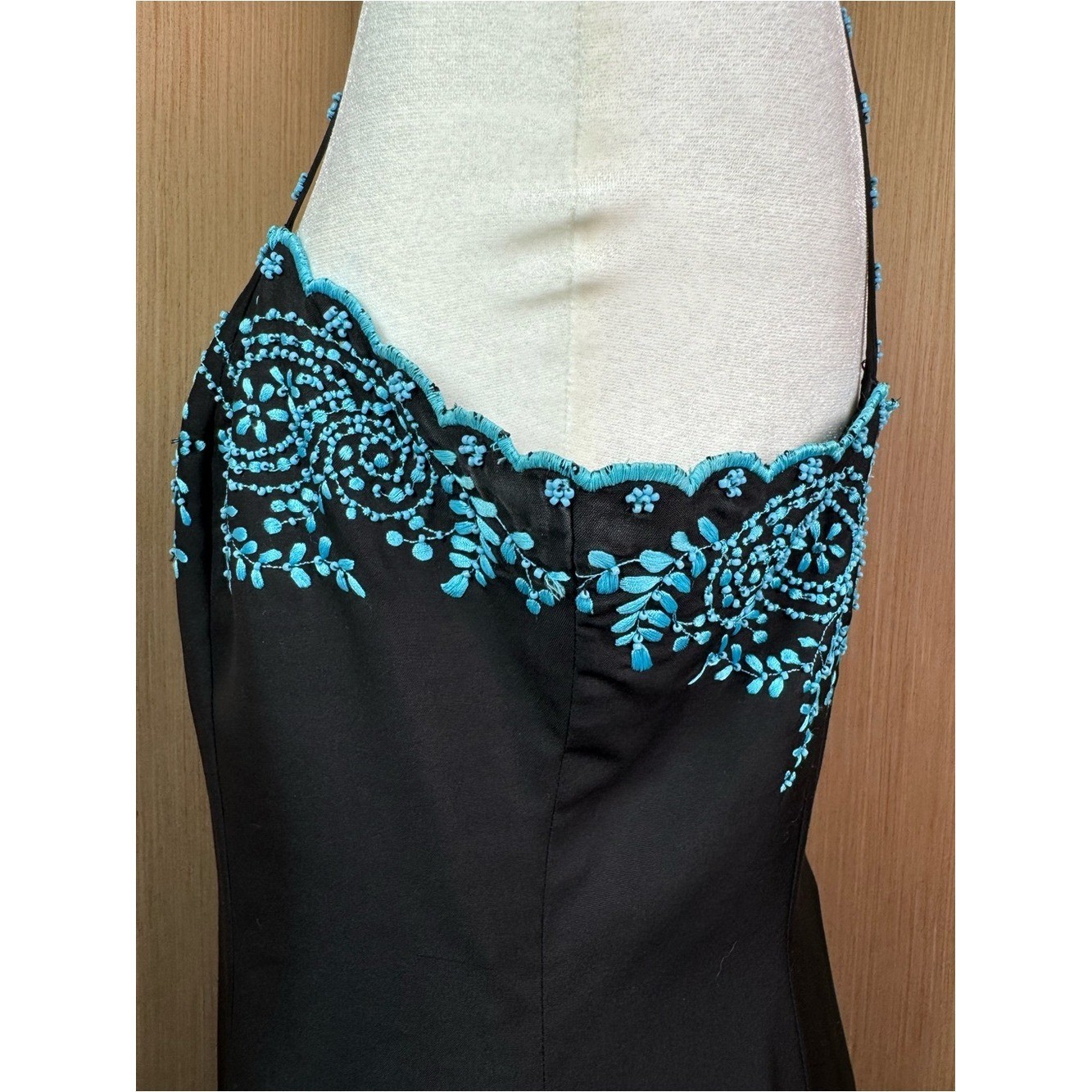 Ann Taylor 100% Dupioni Silk Black Slip Dress Beaded Bodice Straps Sz 10 Vintage