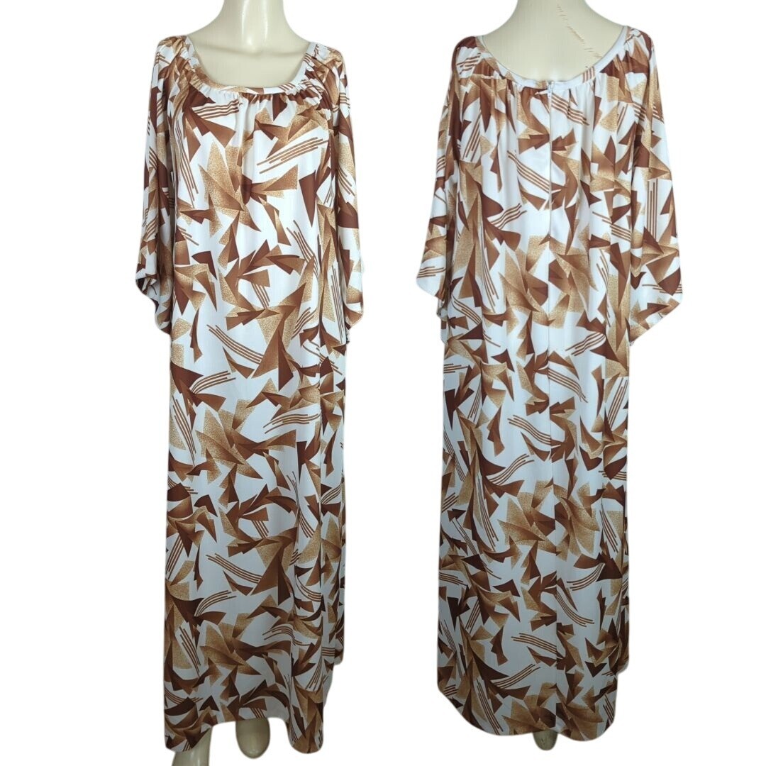 Vintage bat sleeve brown white geometric Comfy pockets oversized Muumuu dress S