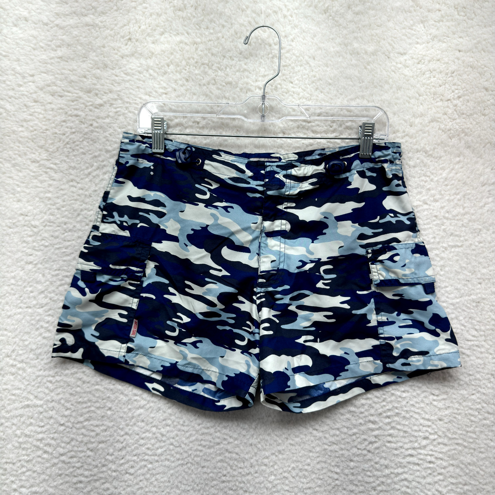 90s Y2K Vintage Swim Shorts Large Womens Blue Camo Army Cargo Sporty Surfer