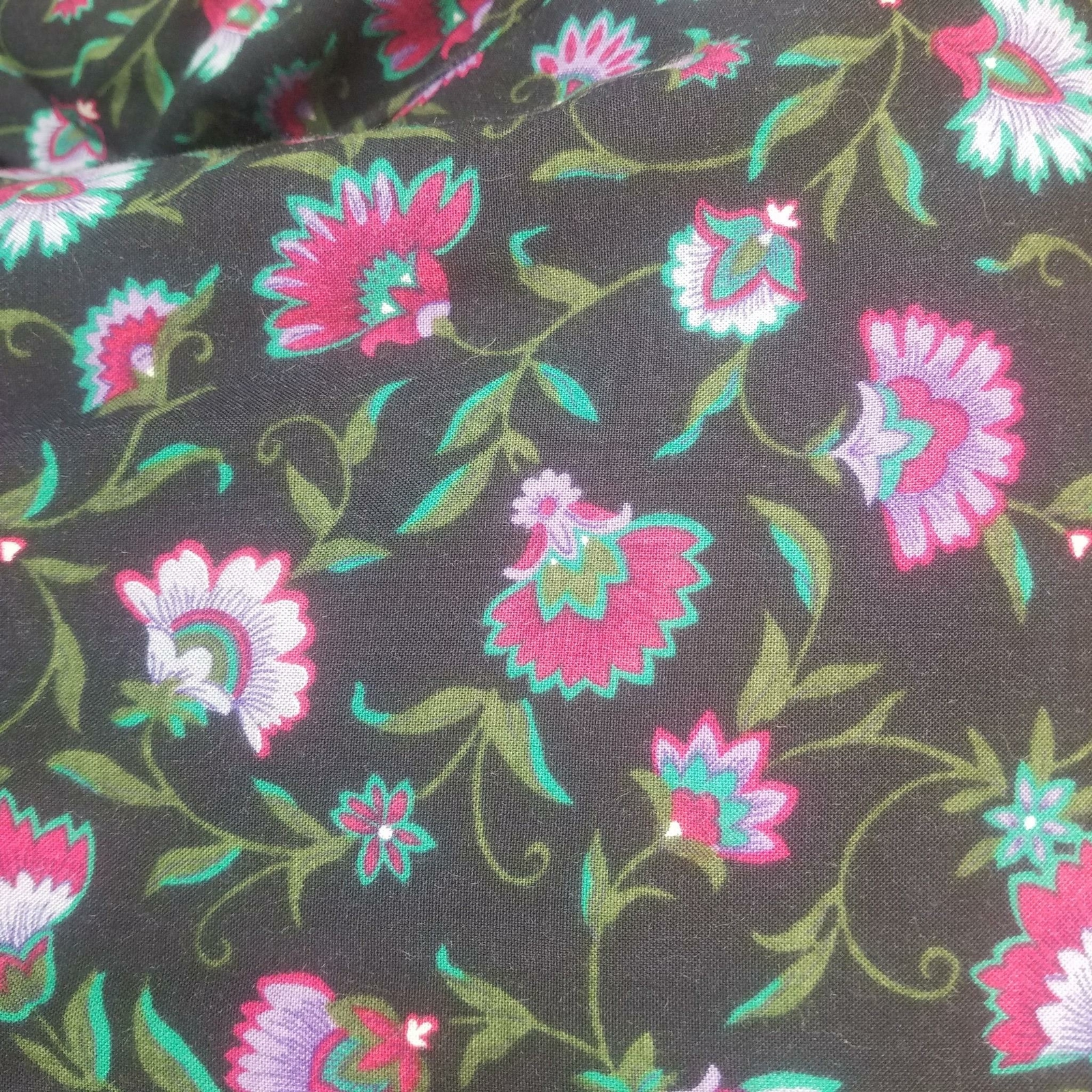 Vintage Dress Midi Black Floral Red Green Lilac Print Long Sleeves Sz M