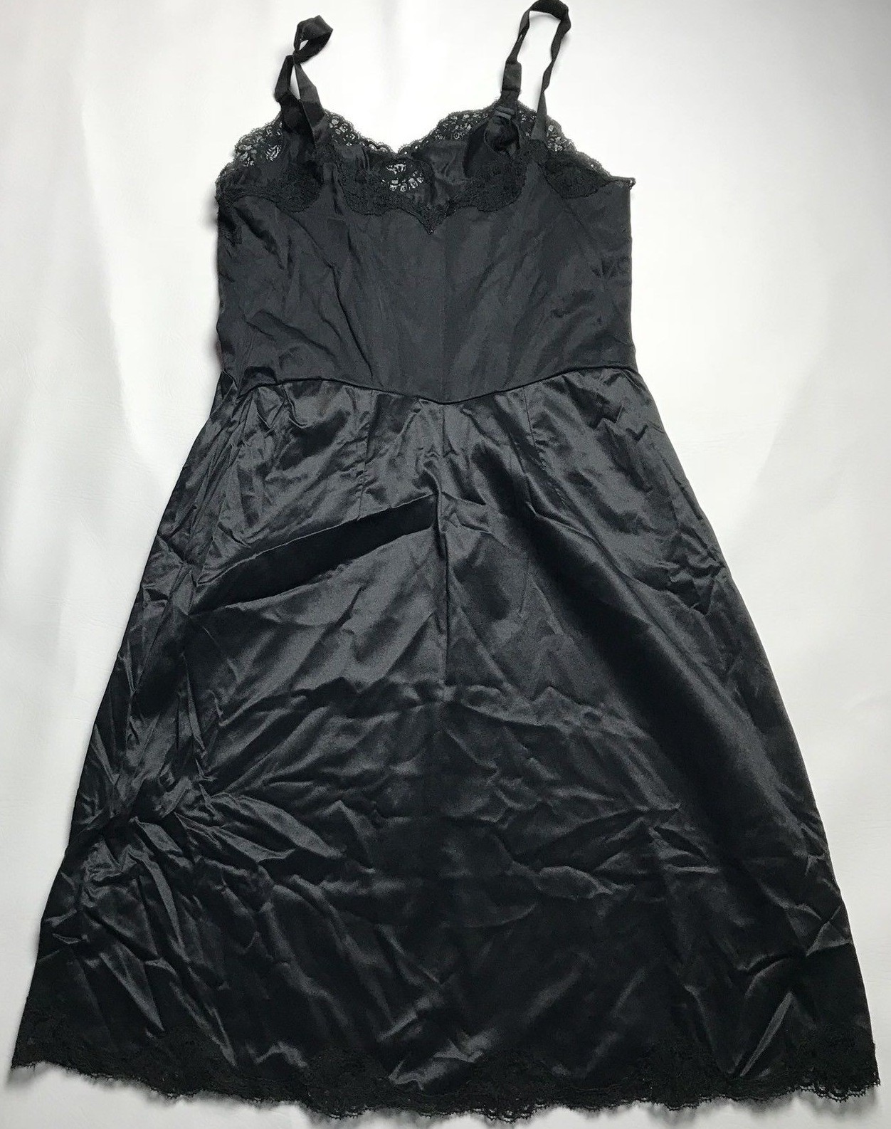 Vintage Wonder Maid Black Full Slip Dress Size 34 Nylon Lace Trim Womens Goth