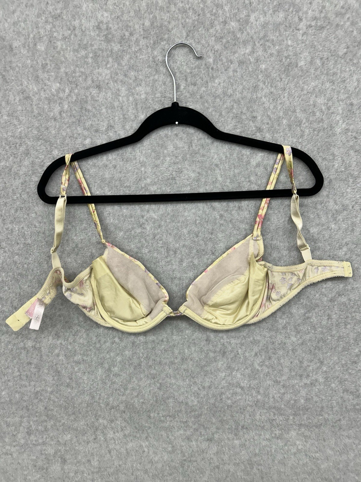 Vintage 1999 Victorias Secret Satin Second Skin Bra 34C Underwired Yellow Floral