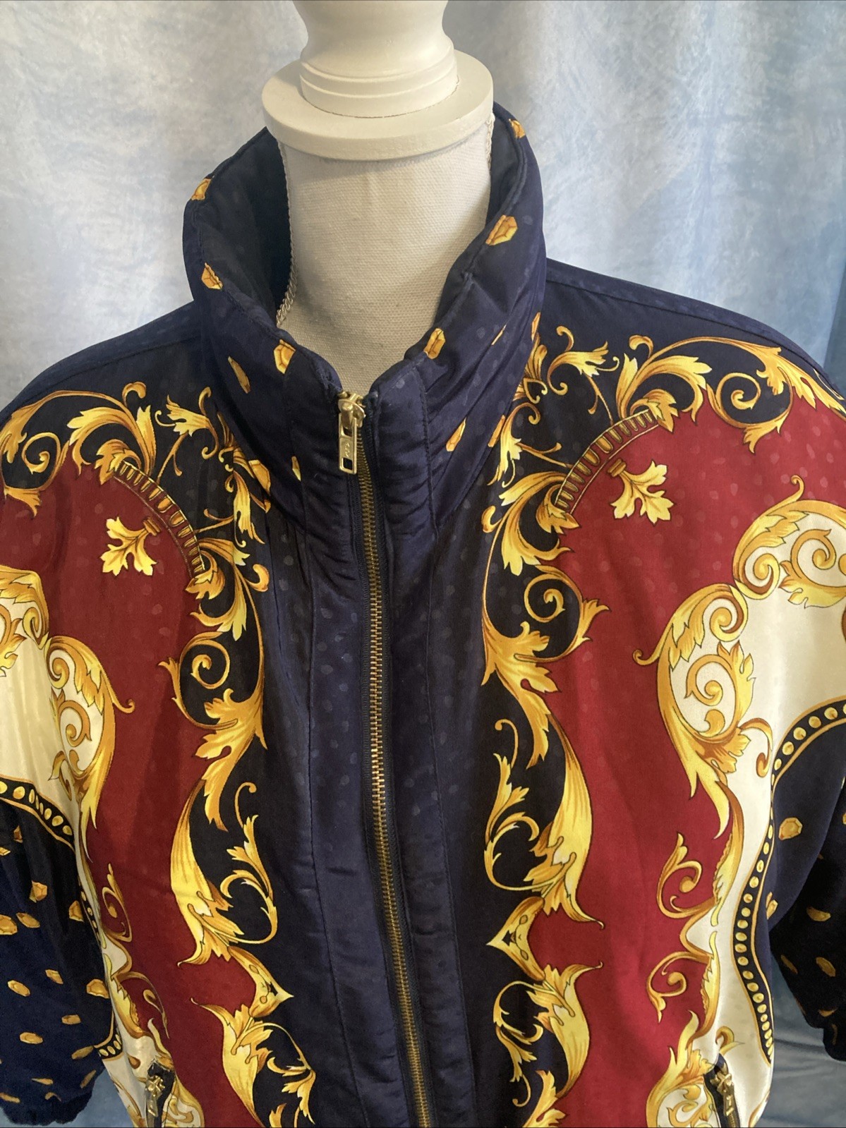 Vintage J Gallery Down Puffer Jacket Medium EUC Baroque Print 90s Korea Bomber