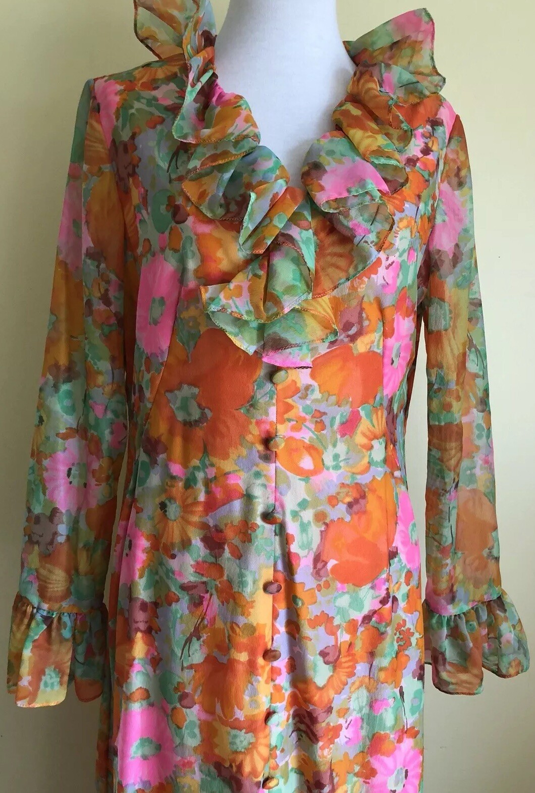 Vintage 70s Psychedelic Bright Pink Orange Floral Long Hippie Dress Sz Sm-Medium