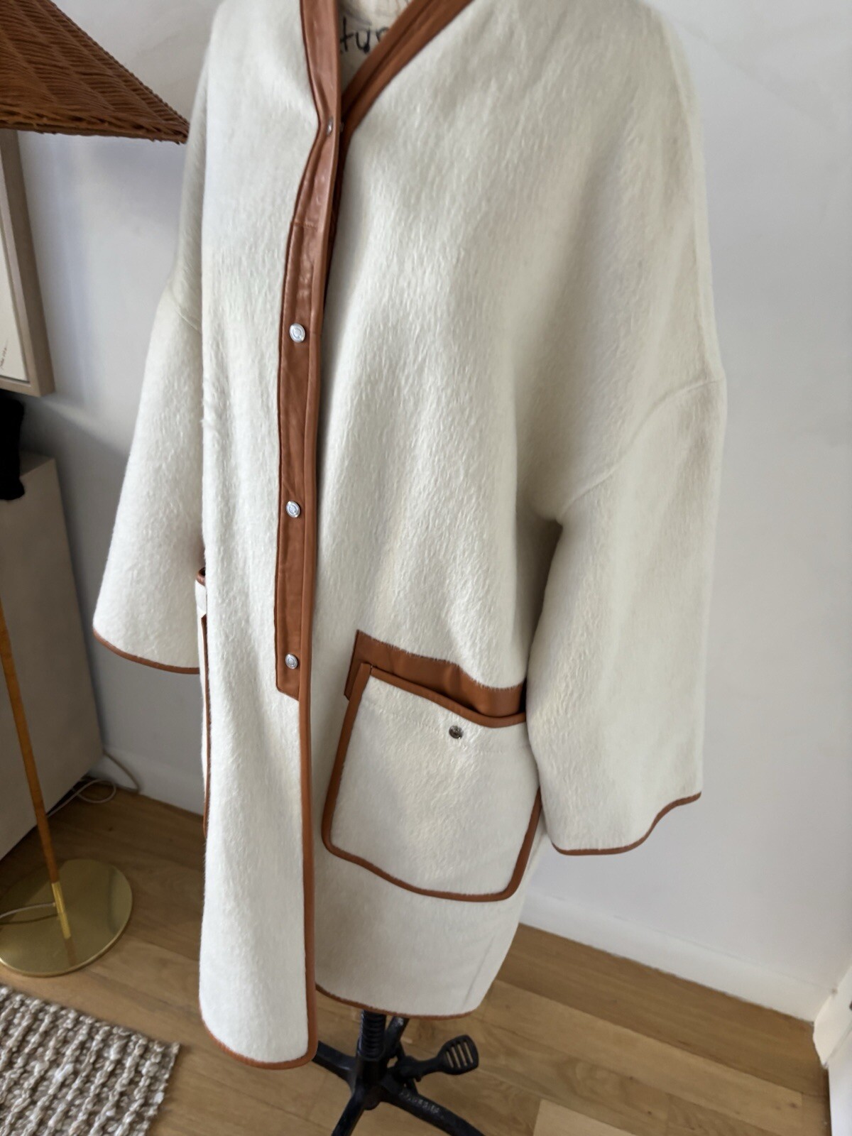 Unique Cream Coat Wool Silk Rabbit Hair With Leather Trip And Removable Scarf