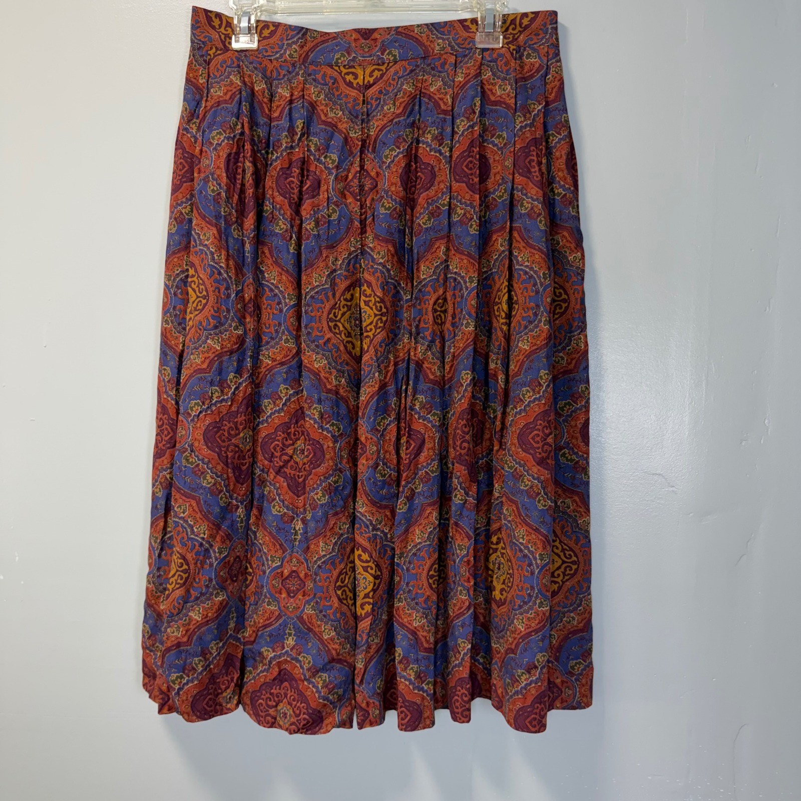 Vintage Liz Claiborne Collection Paisley Rayon Midi Skirt Blue Orange Size 14