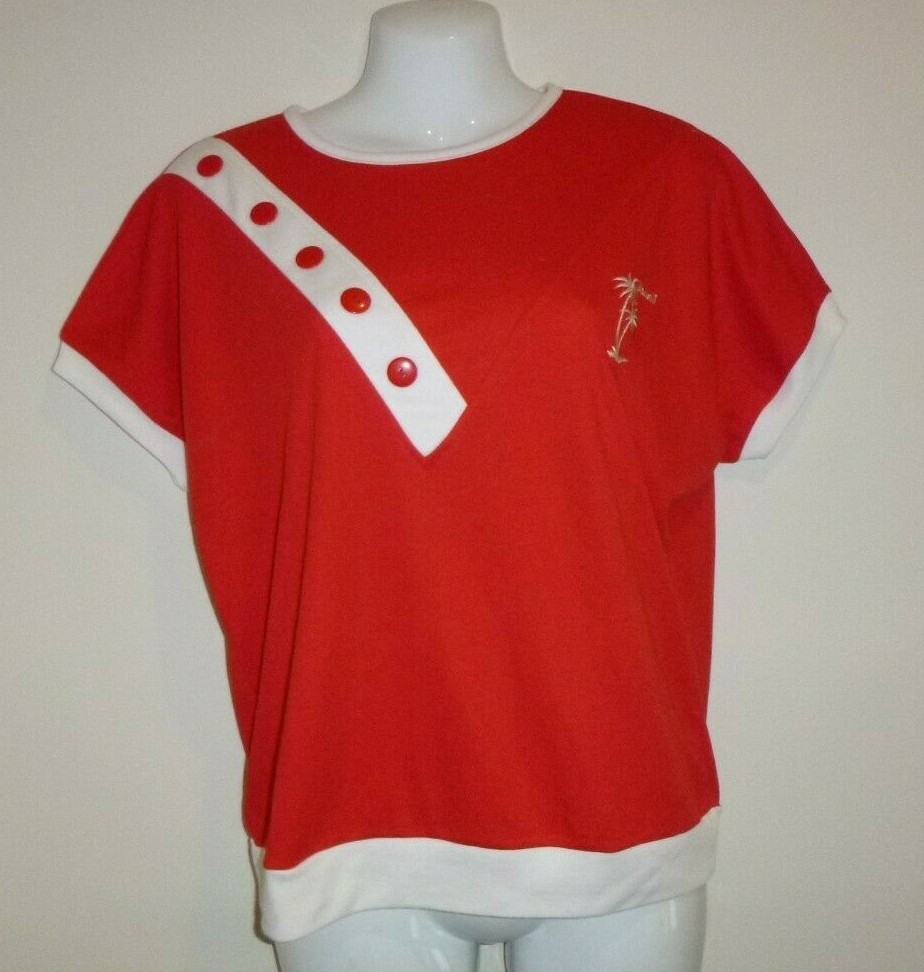 Vtg 70s Lorient Red White Knit Hawaii Souvenir Top T Shirt Banded Waist Sz M/L