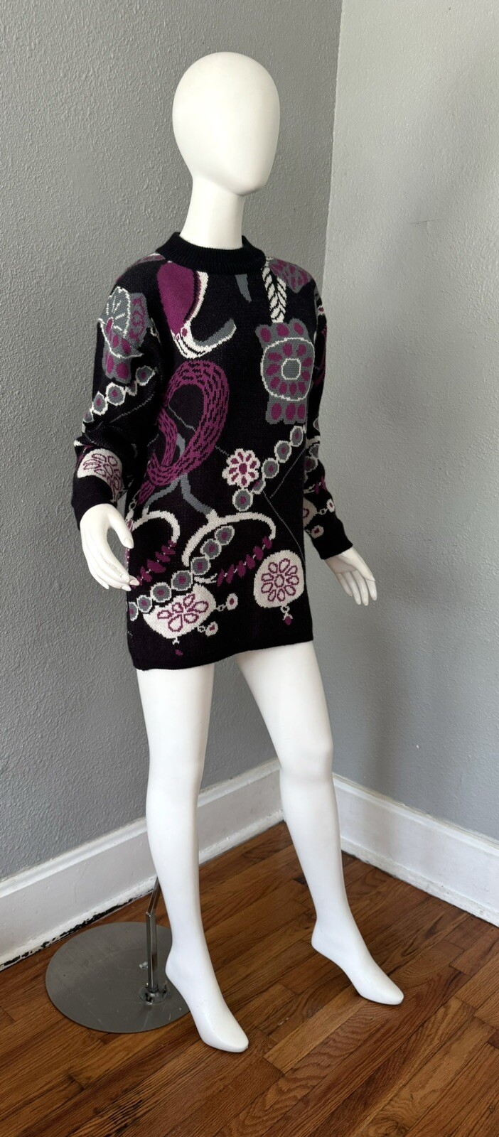 Vintage 80s Black Wool Funky CERVELLE Crew Tunic Sweater Top S