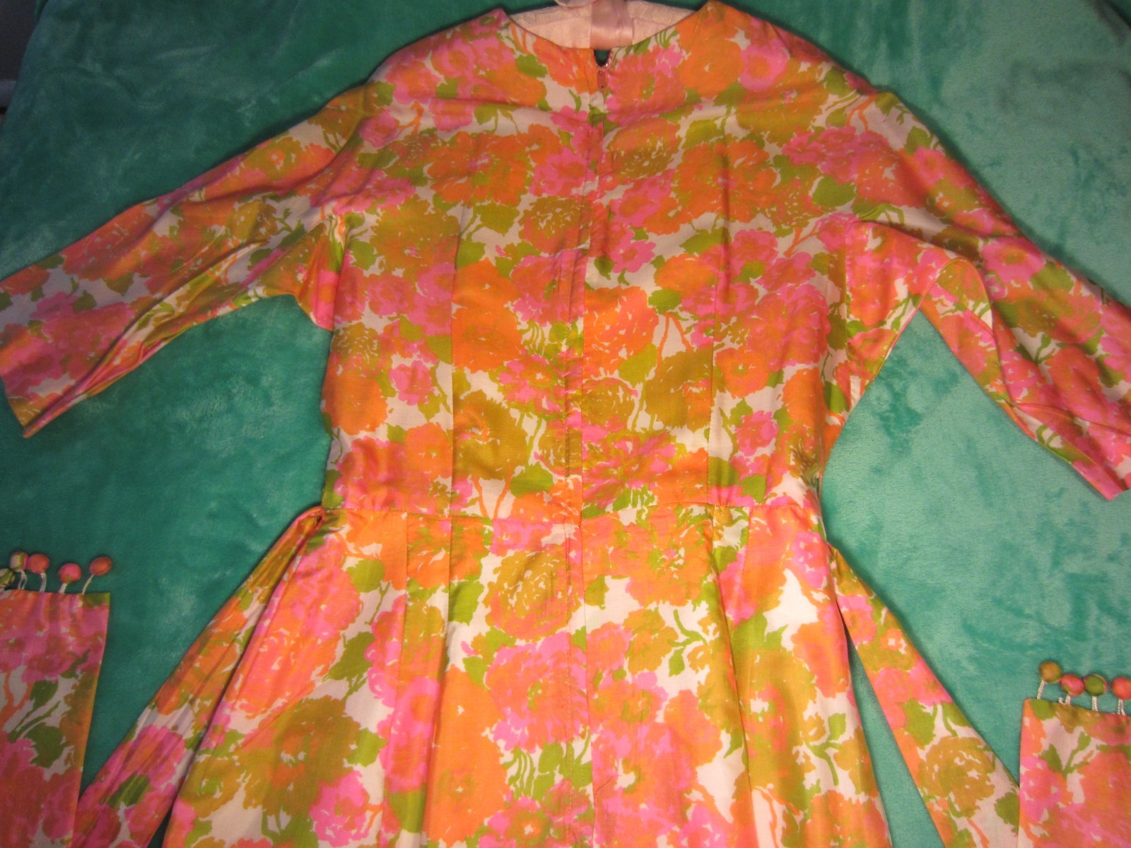 Vintage~Hand Sewn Silk Dress/Belt~60’s Era~Pink/Orange/Olive/Cream~Form Fitting