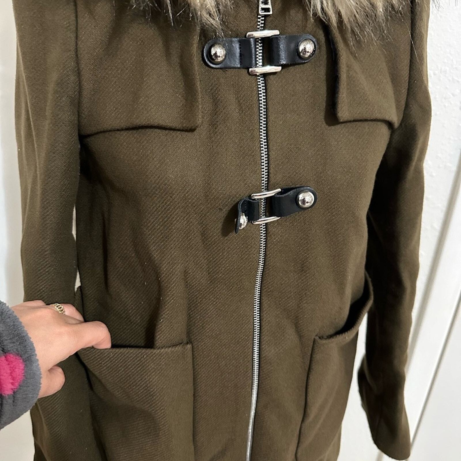 ZARA khaki army green faux fur trim hood duffle coat size XS