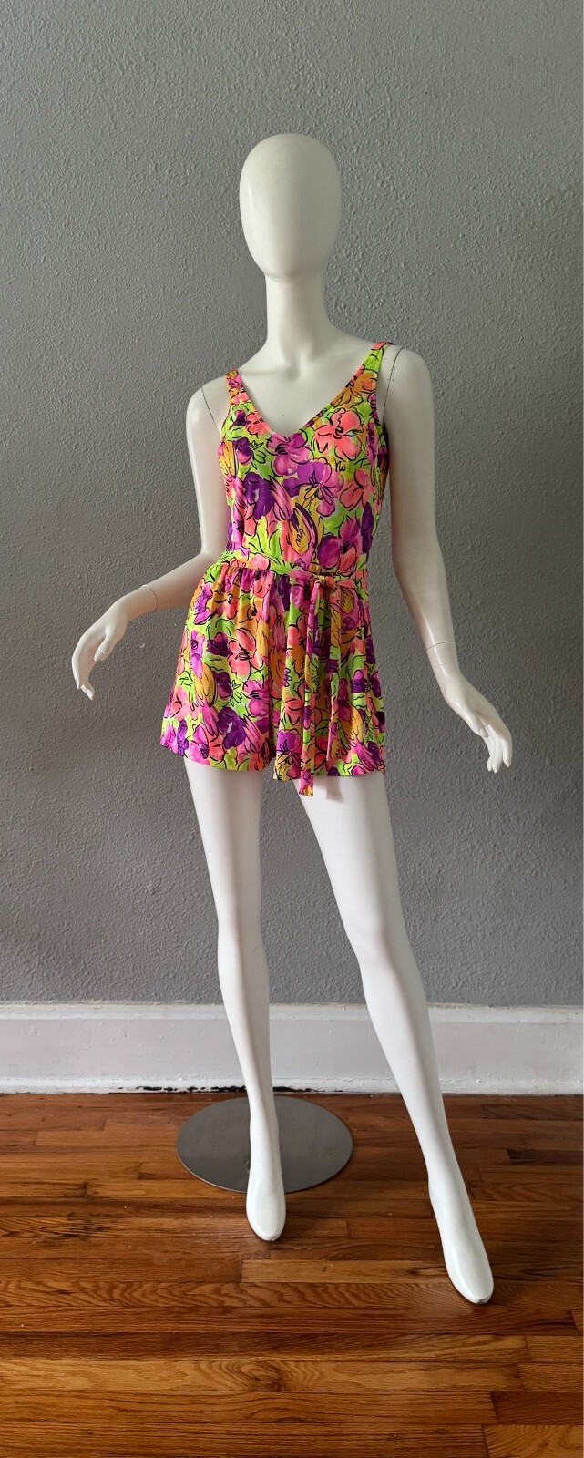 Vintage 80 Neon Colorful Pin Up RETRO Floral Romper Playsuit Swimsuit M