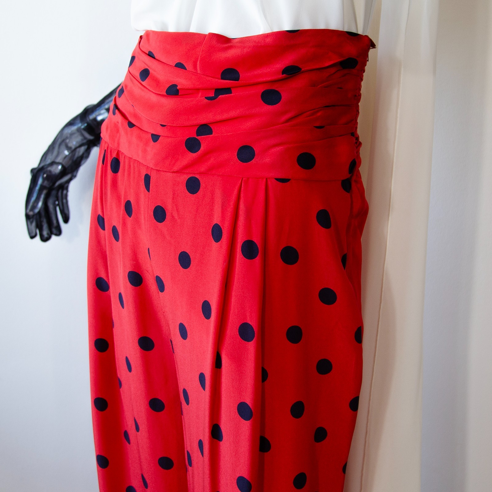 Vintage Dior Red Silk Black Polka Dot Wide Trousers NWT UK 8-10/US 4-6