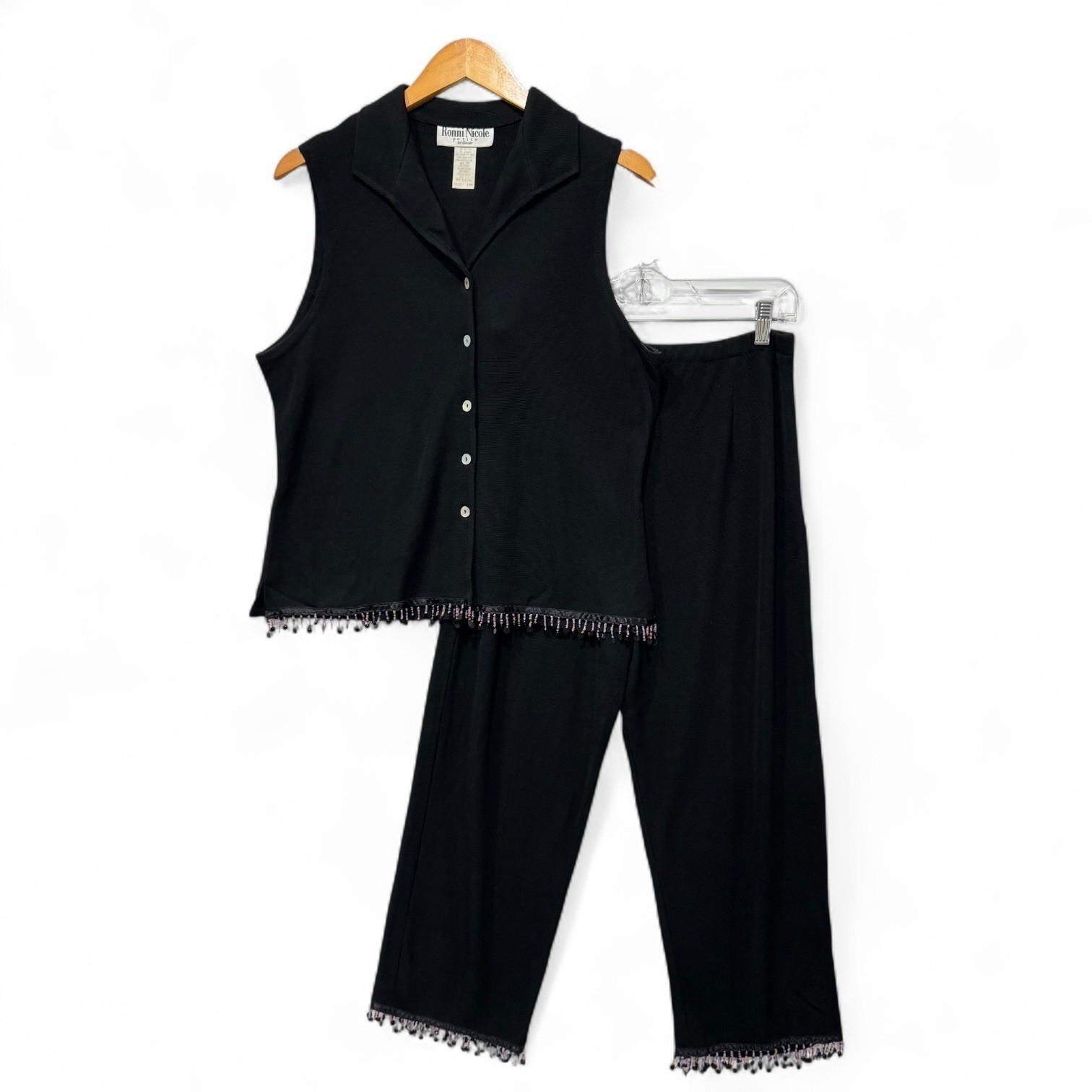 Ronni Nicole Pant Set Womens 12P Black Beaded Fringe Sleeveless Knit 2 Piece Set