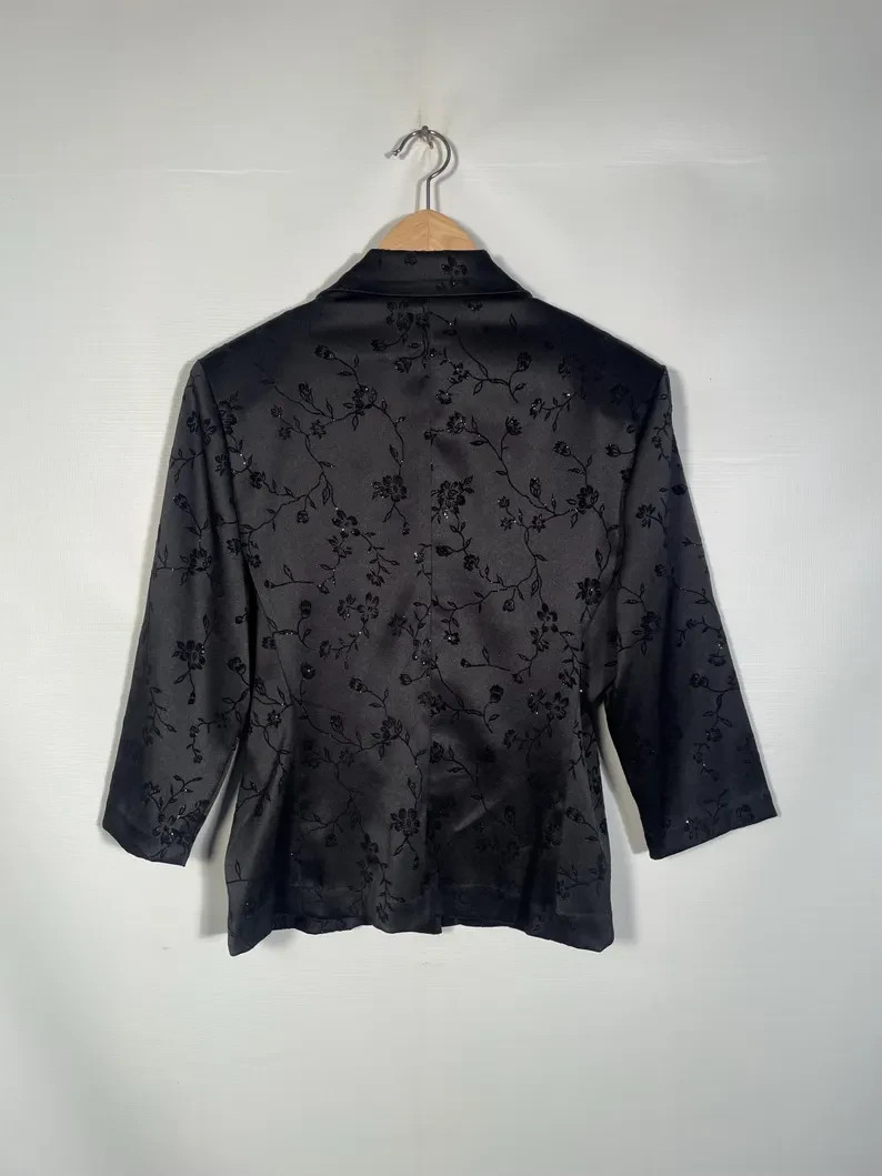 90s Black Satin 3 Piece With Flocked Velvet Glitter Floral Size 11/12 M 30/31 W