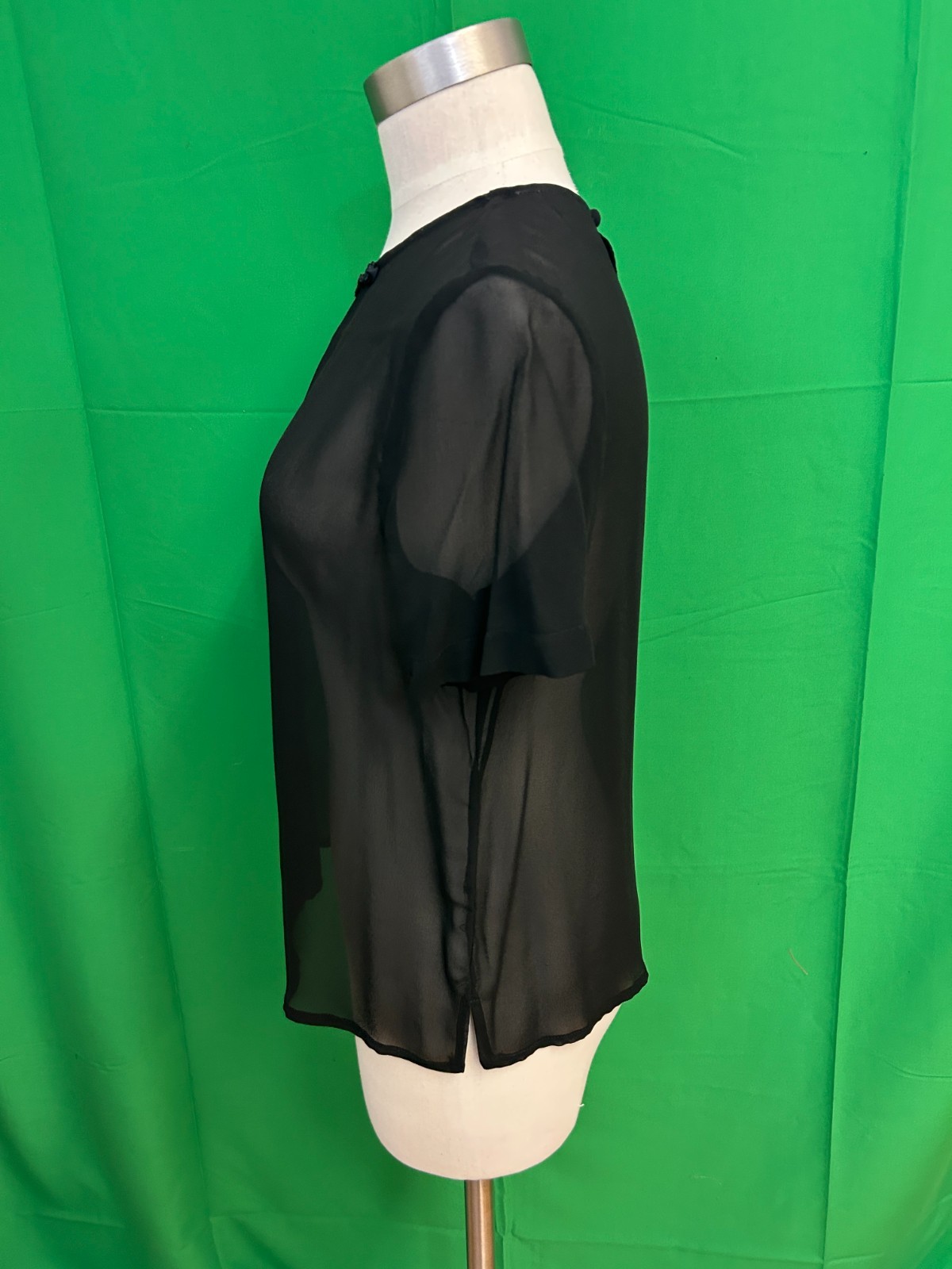 Vintage Henri Bendel Carol LeValley Black Sheer Top Rose Neckline Size 5 (Small)