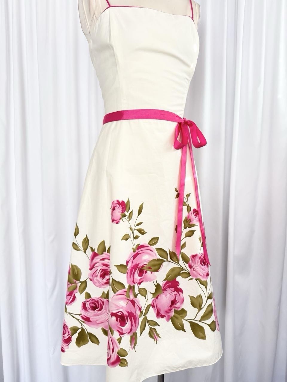 Vintage Y2K White Pink Rose Fairy Bow Slip Midi Dress Gown A Line Size Medium 10