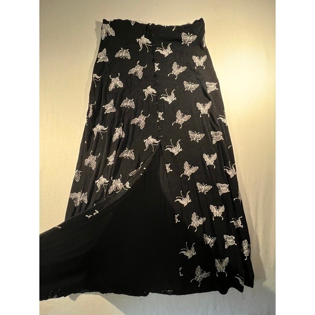 Vintage 90s ES-SE Butterfly Print Slinky Maxi Skirt Black & White Size 6