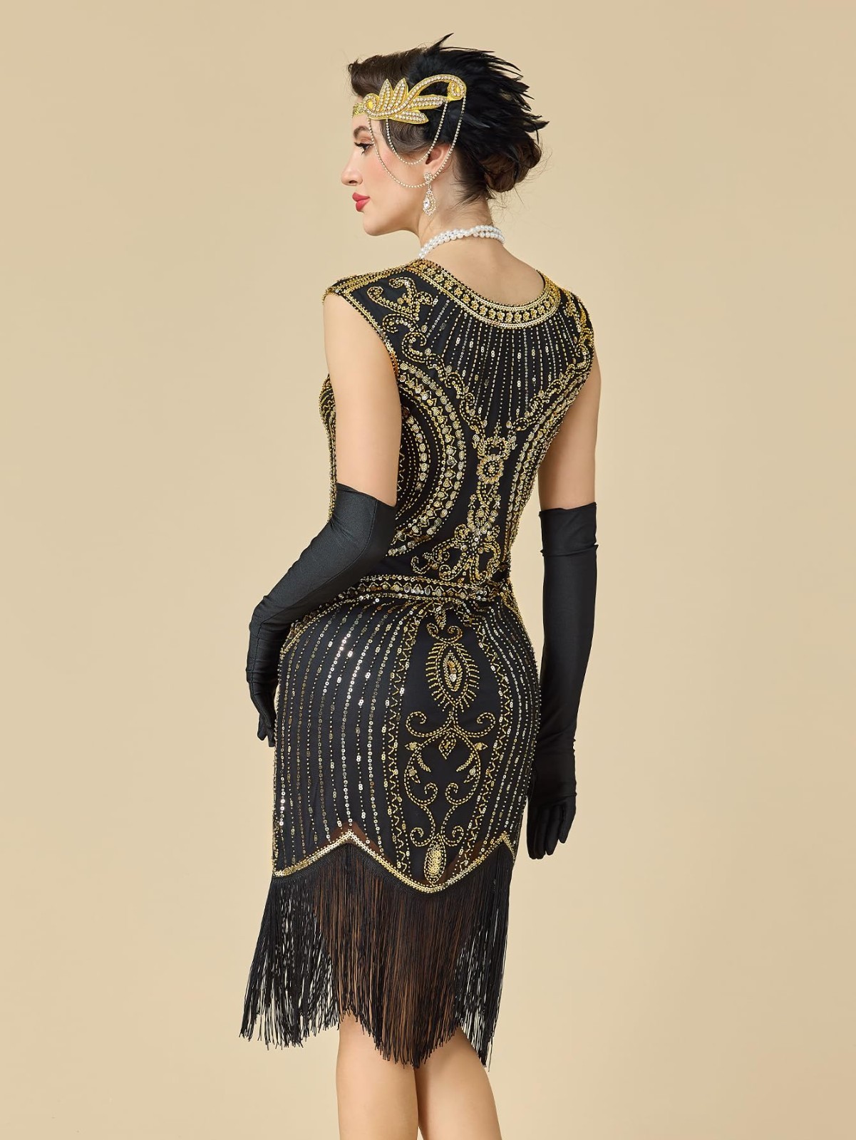 1920s Women’s Flapper Dress Great Gatsby Sequin Fringed Cocktail Outfit + Access