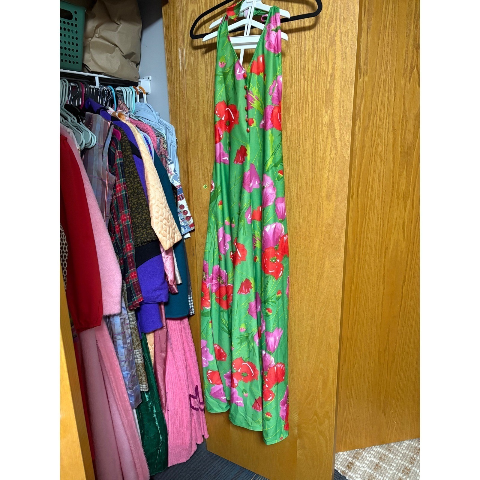 Vintage Aldens Fashions Maxi Dress Green Floral Halter Dress 70s Style Party grn