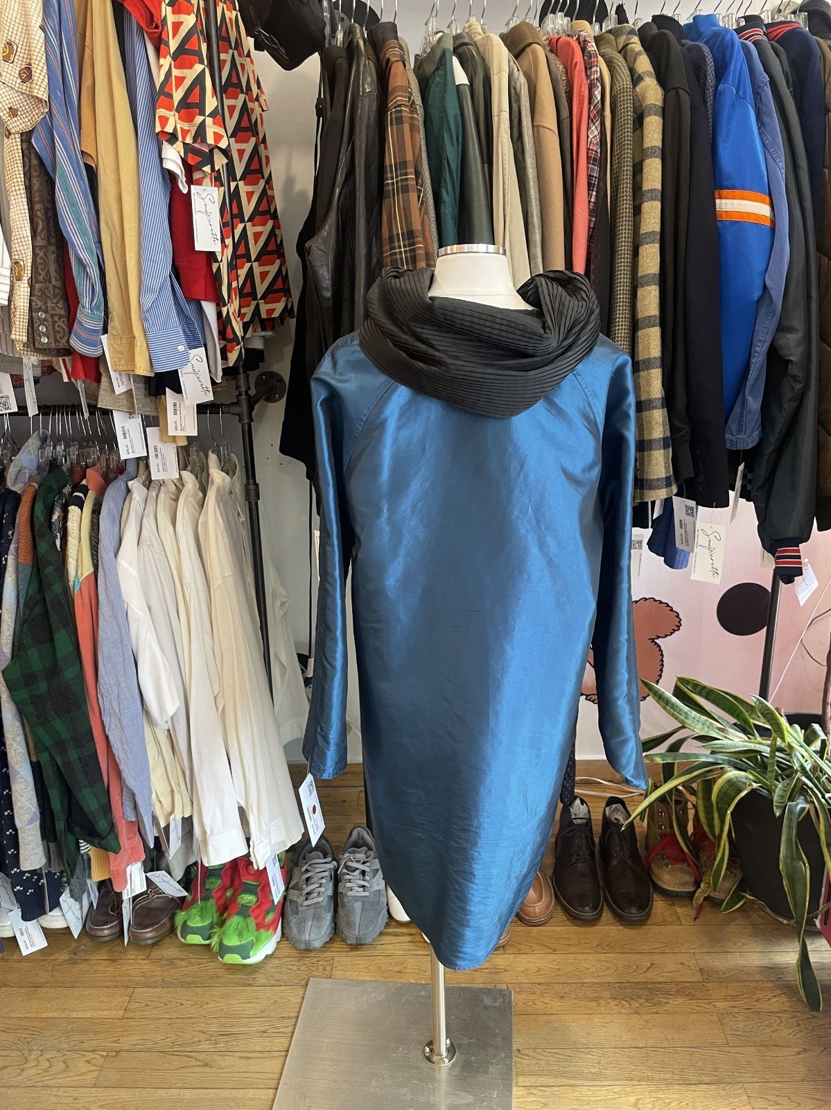 *Reversible* Blue and Black Windbreaker material long trench with pleated hood—M