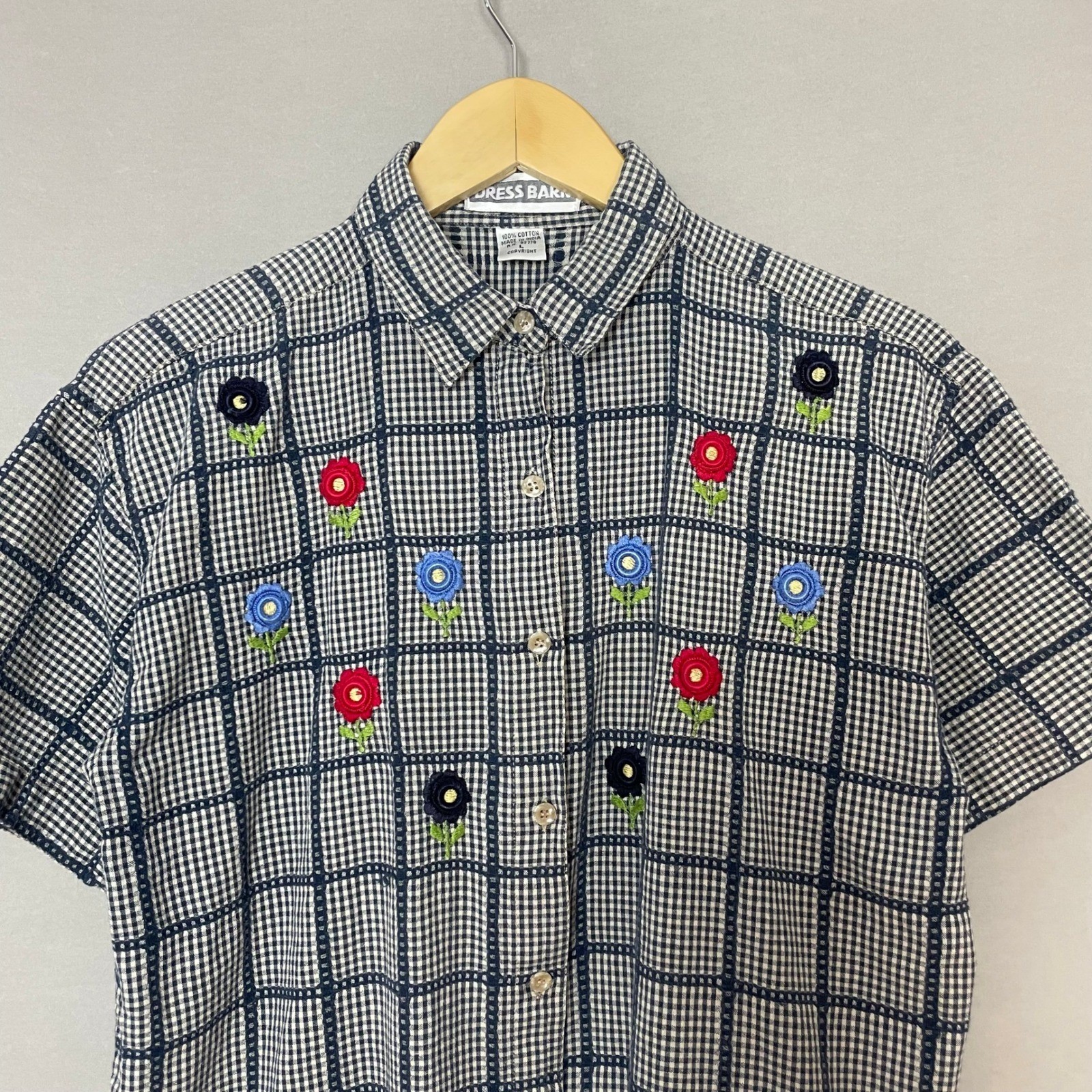 Vintage Gingham Shirt Floral Embroidery Women Size Large Cotton Country Twee Top