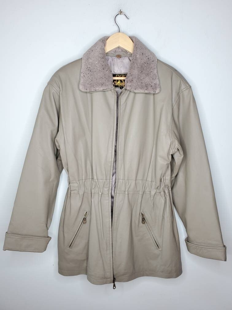 Vintage 80s Womens Gray Leather Bomber Jacket Faux Sherpa Fur Collar Coat Small