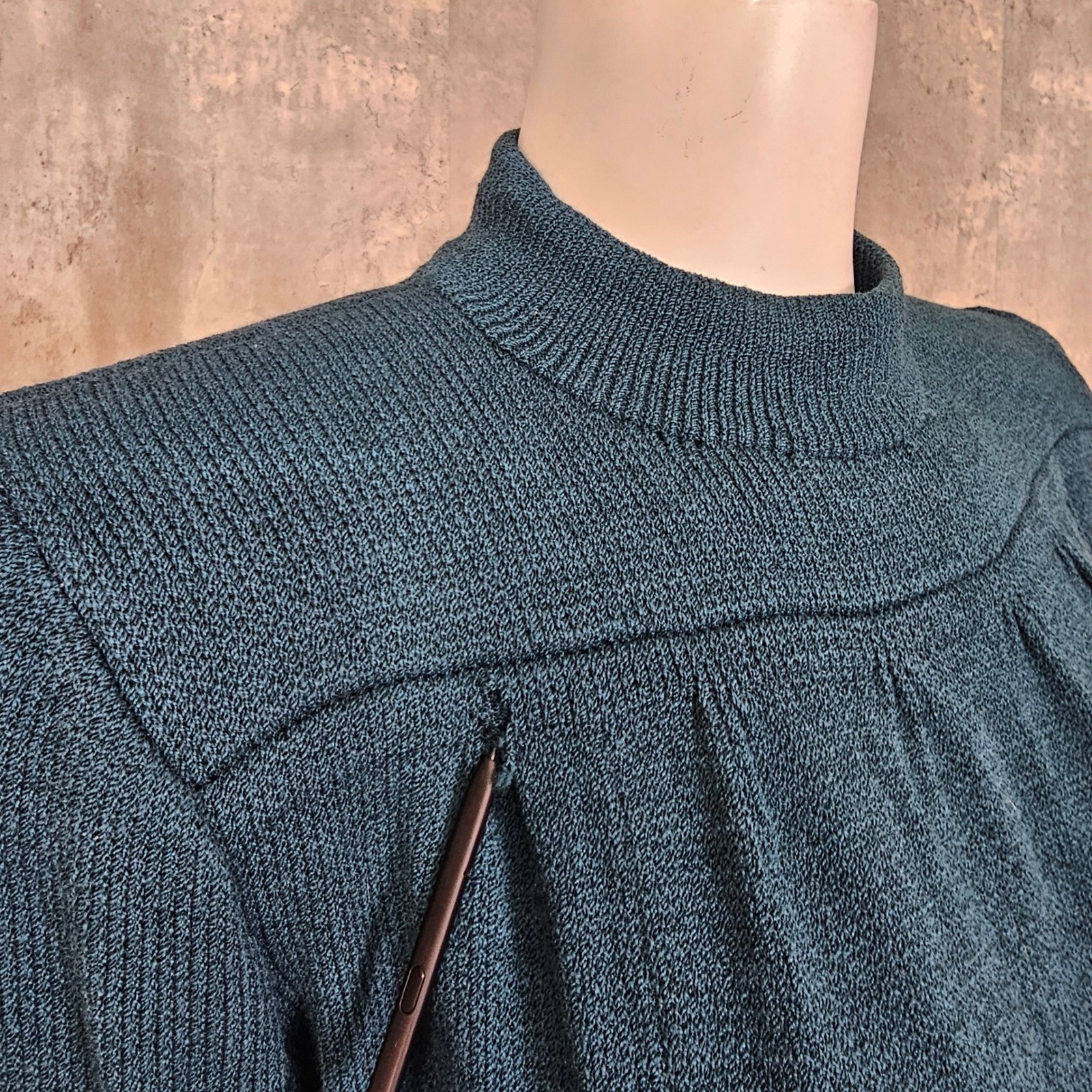 Vintage St John Marie Gray Knit Dress Teal Green Mock Neck 80s 90s FLAWED AS IS
