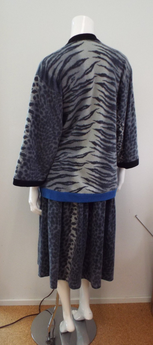 Vintage 1980s KENZO Sweater & Skirt Lambswool Angora Gray Animal Print Blue