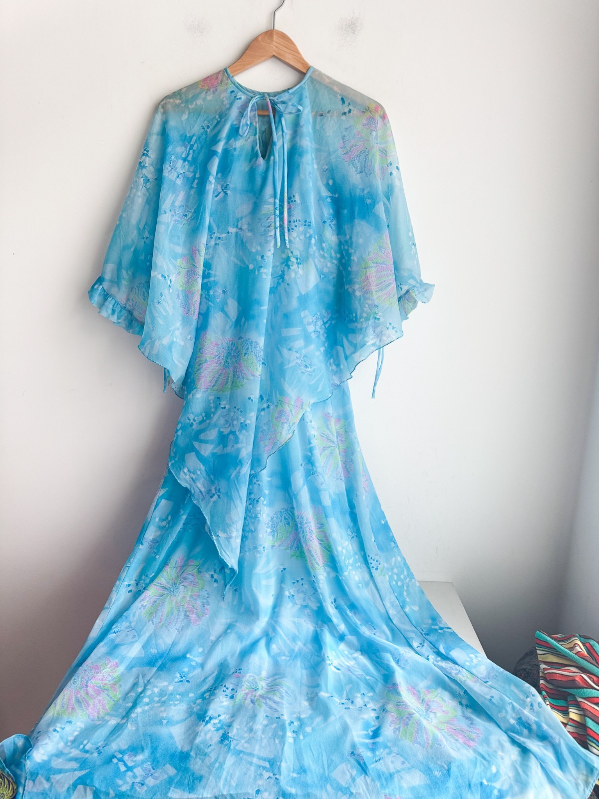 Vintage Sky Blue Maxi Dress With Cape Bodice Modest Mother of Bride Wedding S