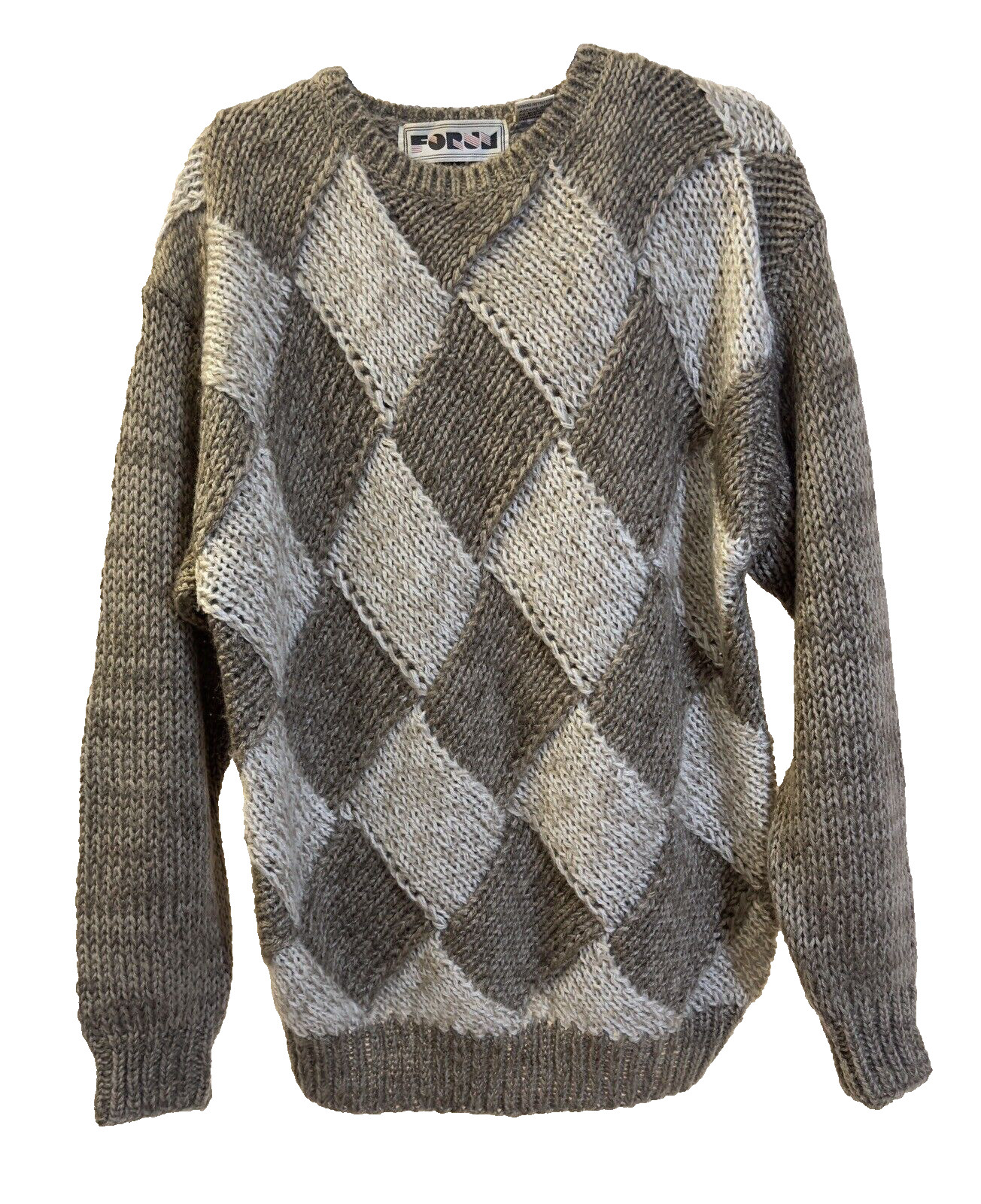 Vintage Forum Acrylic Crewneck Sweater 80s Beige Argyle Knit Women’s XL – Korea