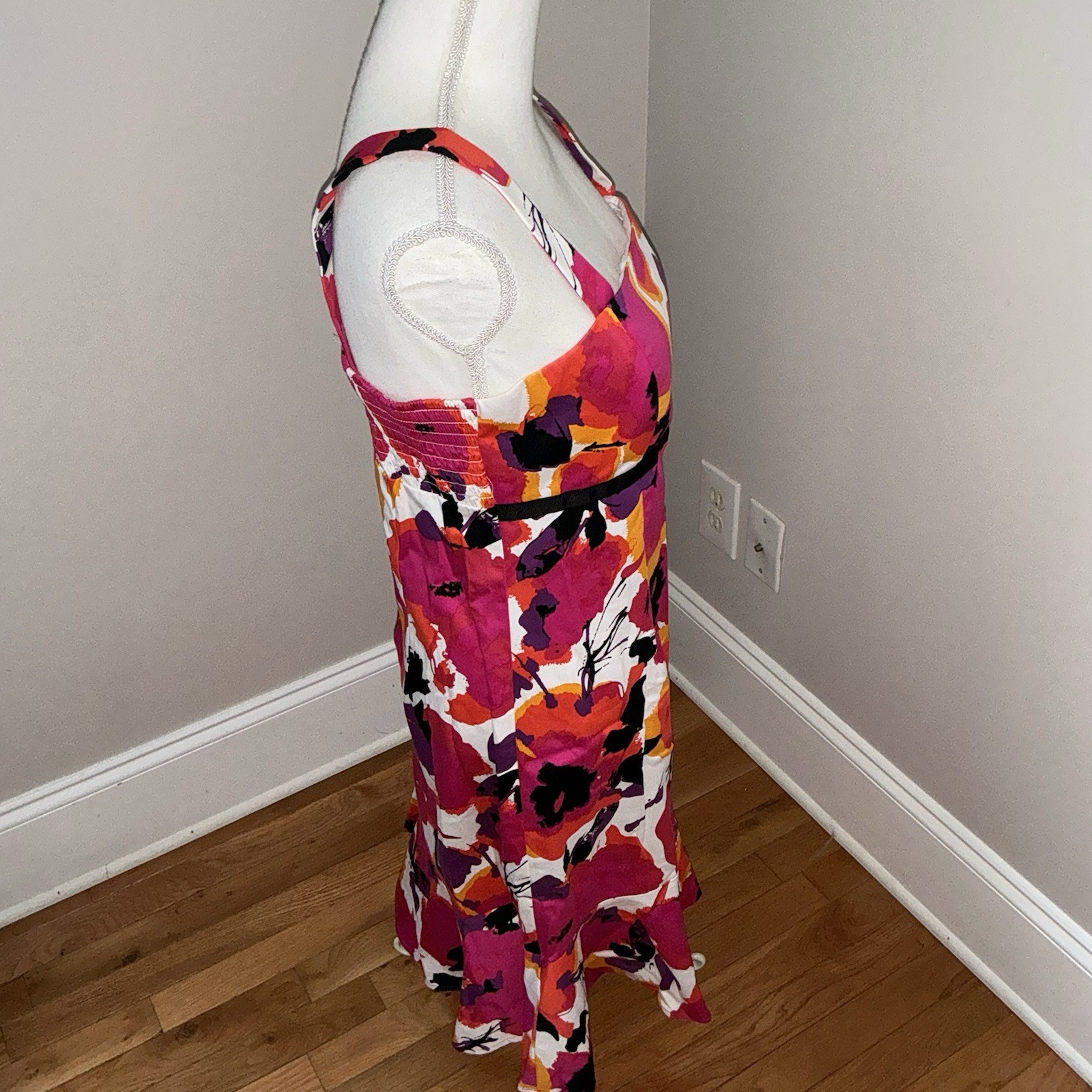 Madison Leigh Size 10 Bright Pink Floral Ruffled Hem Dress Retro Sundress Y2K
