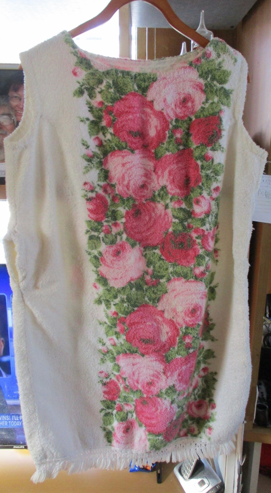 Vintage 70s Flowers Cover-Up Fringe Terrycloth Towel Swim suit Dress Beach