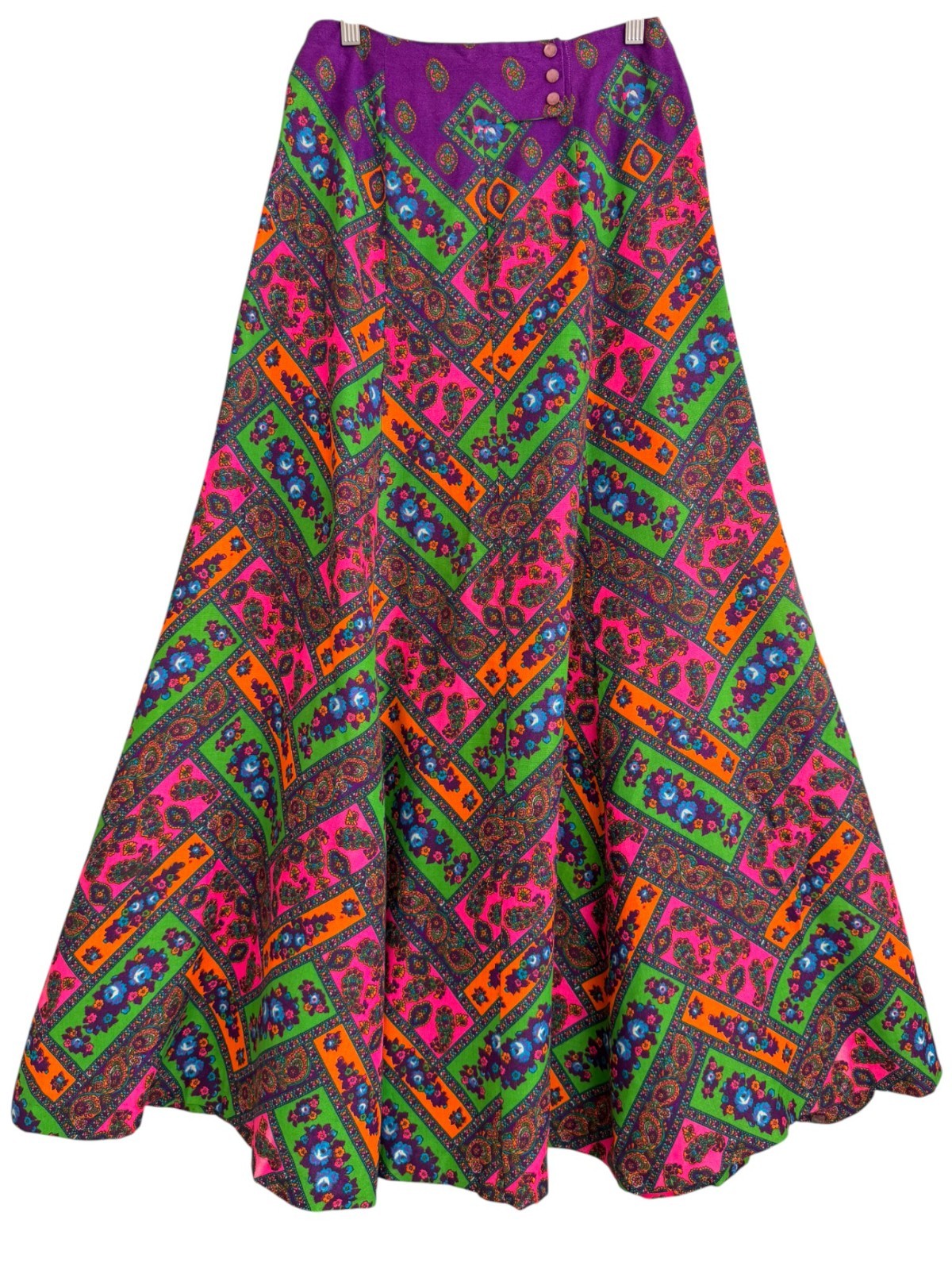 Vintage 70’s Mod Psychedelic Paisley Floral Print Maxi Skirt A-Line Small Hippie