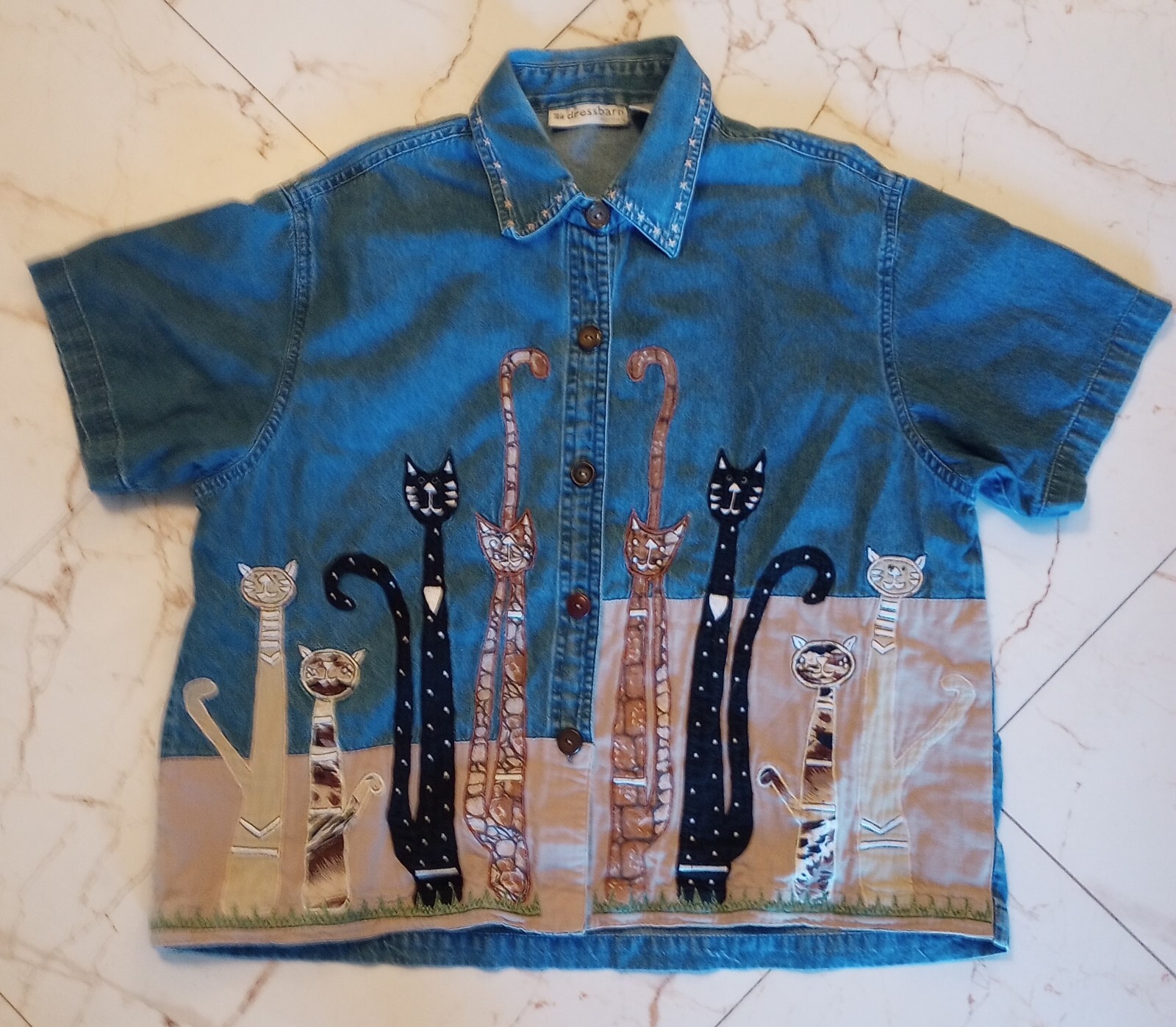 VTG Dressbarn Womens Blue Embroidered Denim Jacket Boho Funky Cats Colorful 1X