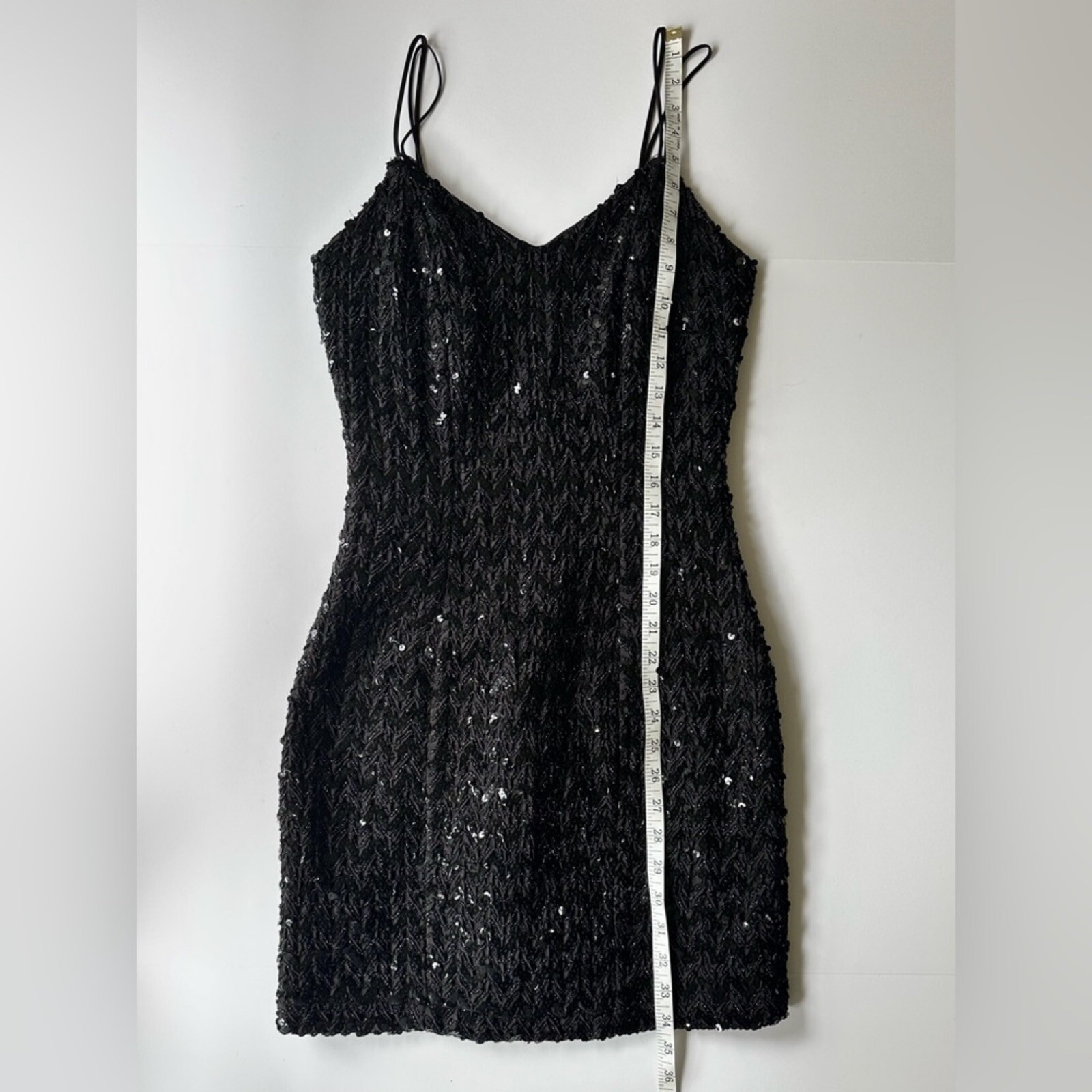 Vintage 1960s Low Back Sequin Black Mini Dress w/ Double Spaghetti Straps