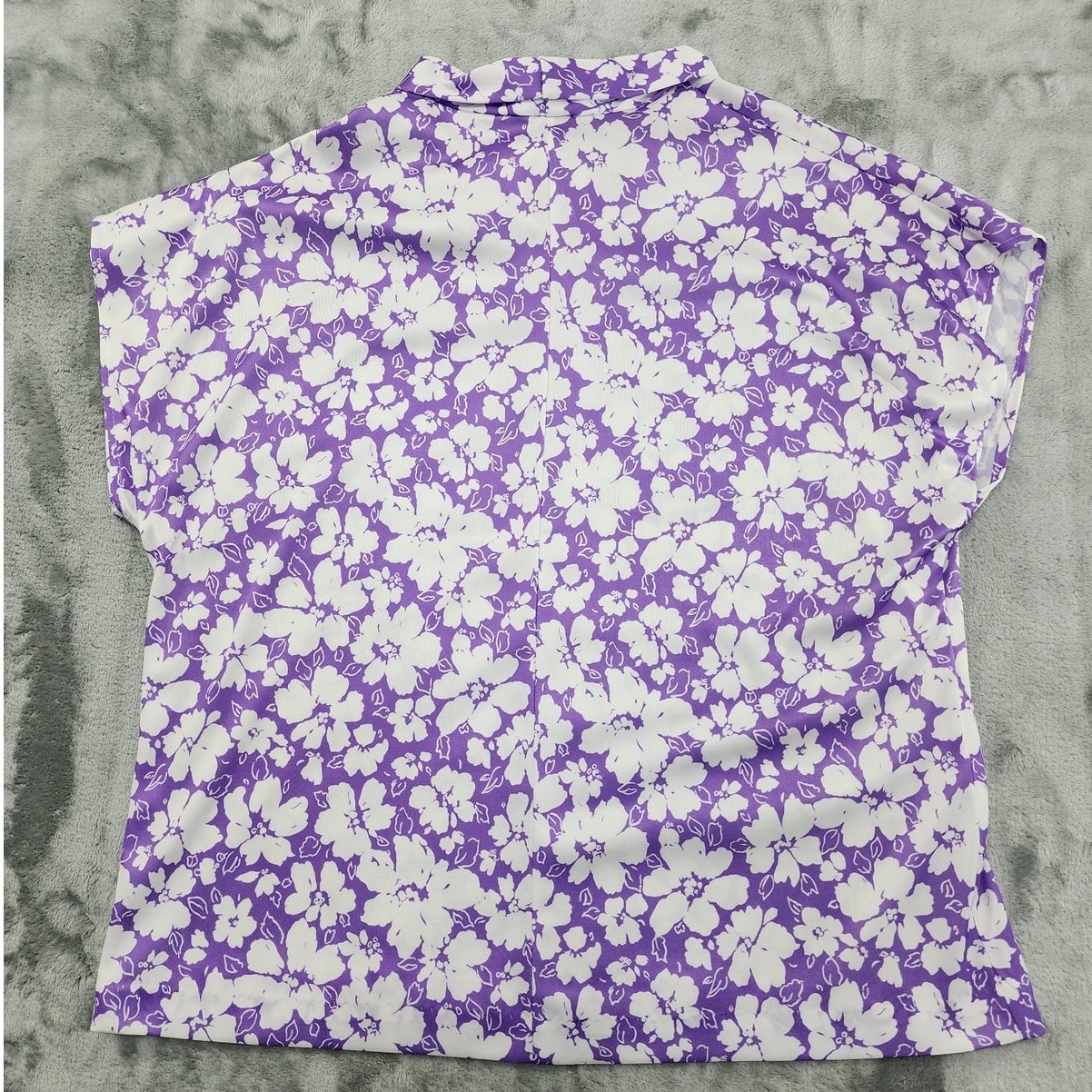 Vintage Adam Jay Fashions Top Womens M Purple White Floral Tie Neck Cap Sleeve