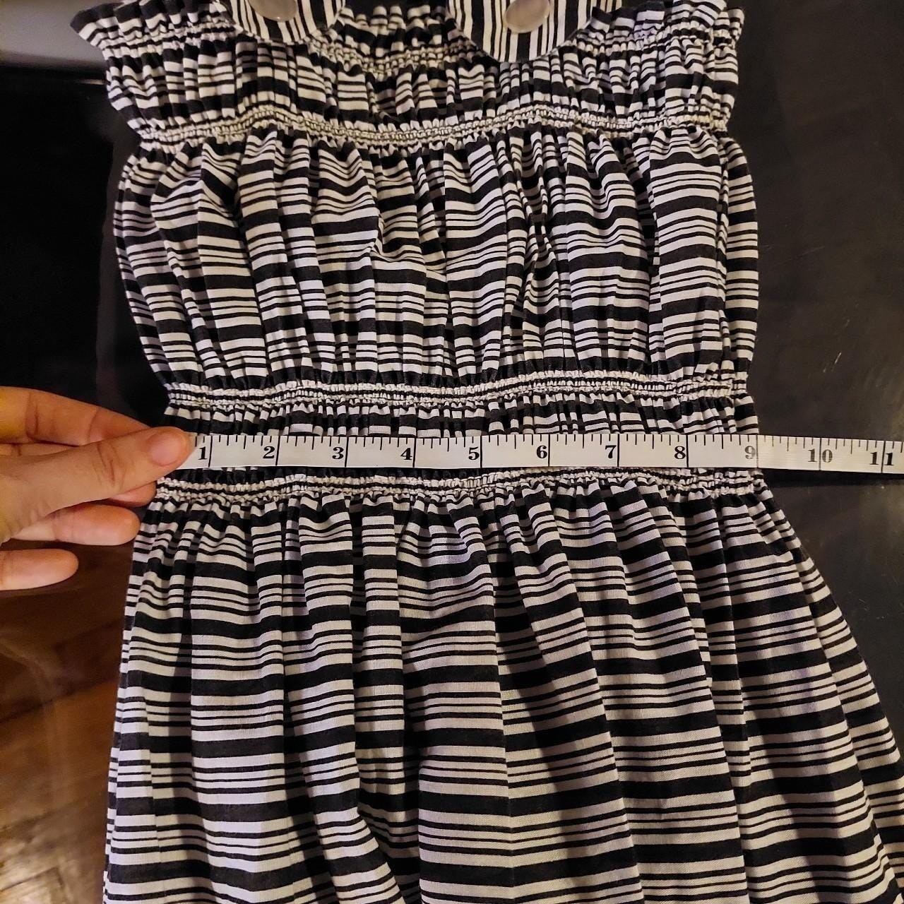 Vintage homemade black and white striped dress with elastic stretchy top.