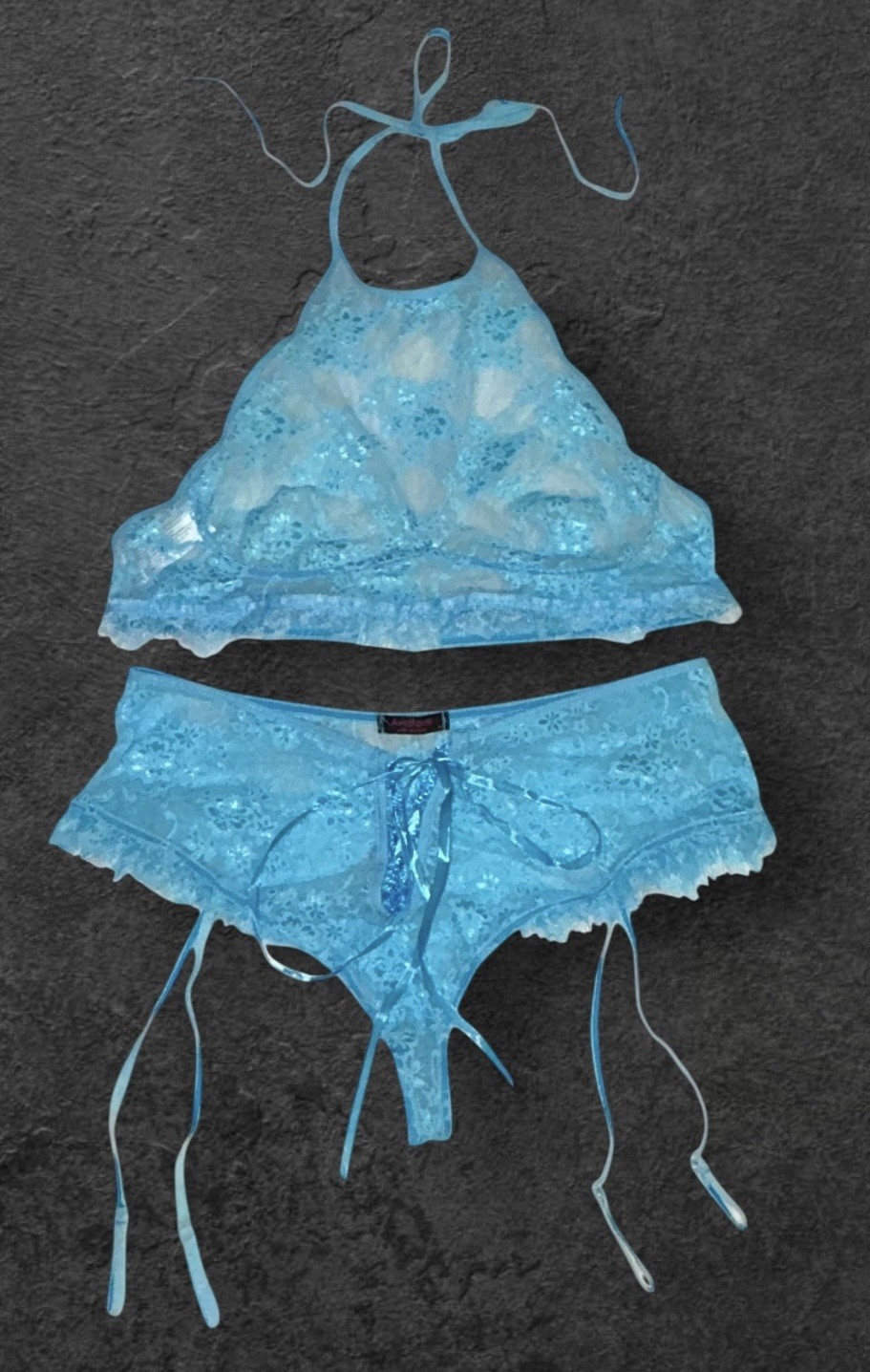 2PC AVIDLOVE Blue Shiny Silky Sheer Lace Garter Panties & Tank Bra Bralette XL