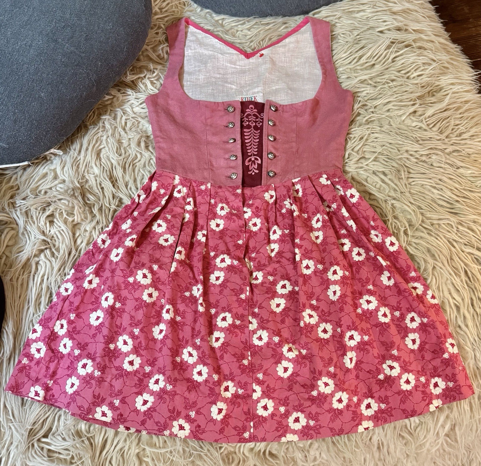 VTG Kibek Dirndl Sportalm Austria Pink Dress Corset Floral Embroidery Metal XS S