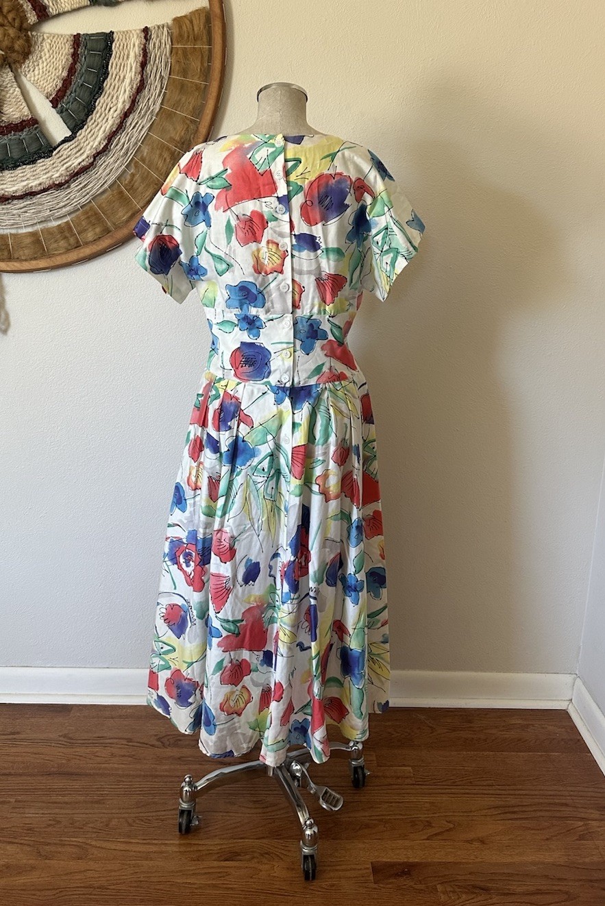 Vintage 90s Kenar 2 Floral Tea Dress Polished Cotton Woman’s M Pockets ￼