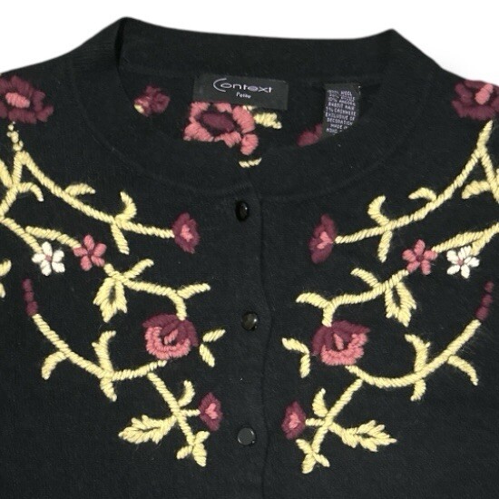 Vintage Black Floral Embroidered Angora Blend Cardigan Size Medium P Cottagecore