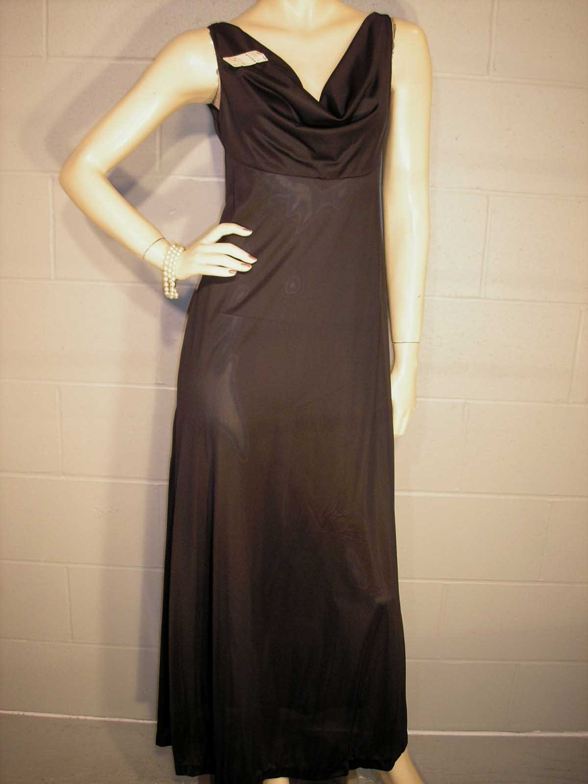 XS-S NOS Vtg 70s NIGHTGOWN Silky NYLON GILEAD EMPIRE DRAPED BLACK Grecian Gown